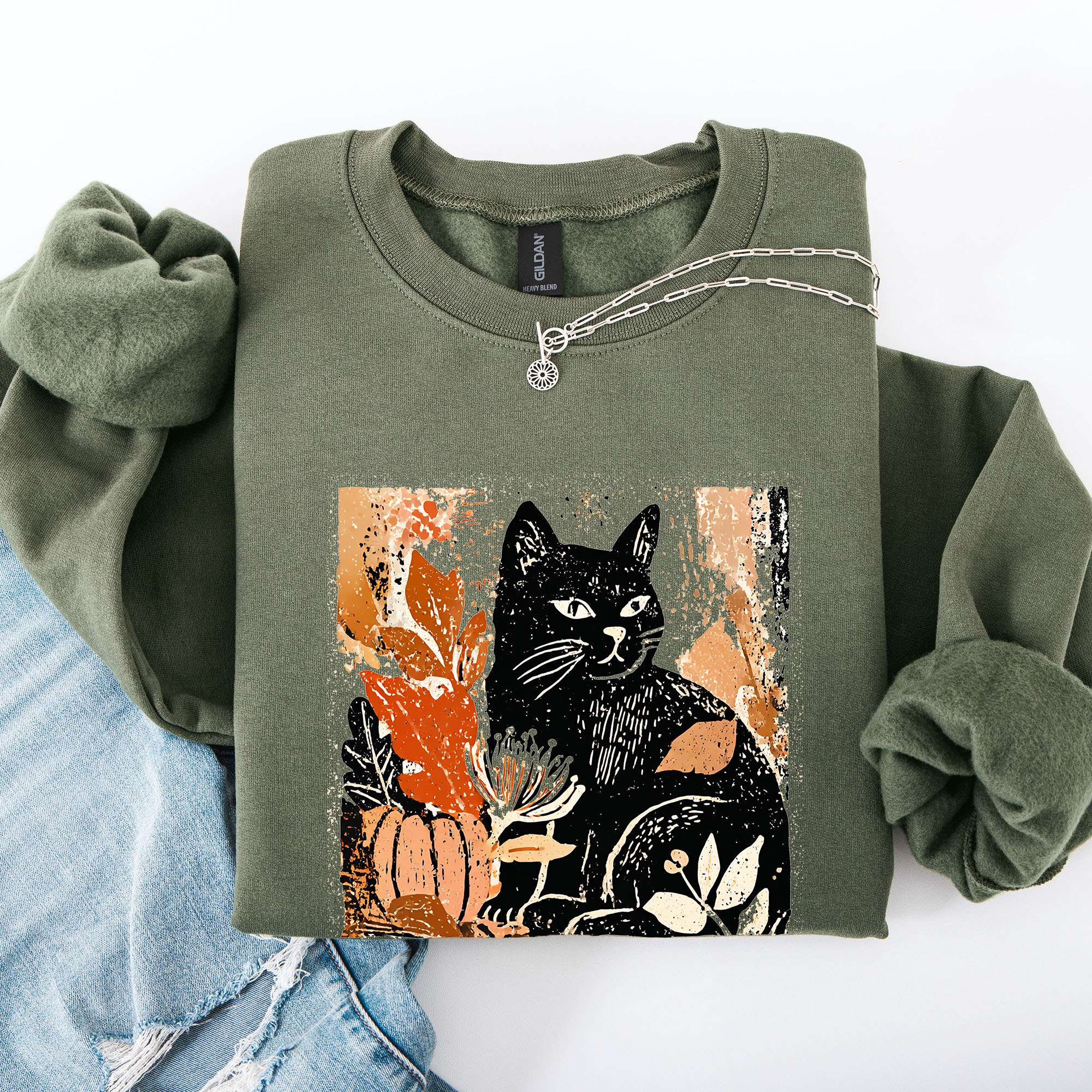 Vintage Black Cat Halloween Autumn Pumpkin Cozy Soft Fleece Vintage Inspired Design Sweatshirt
