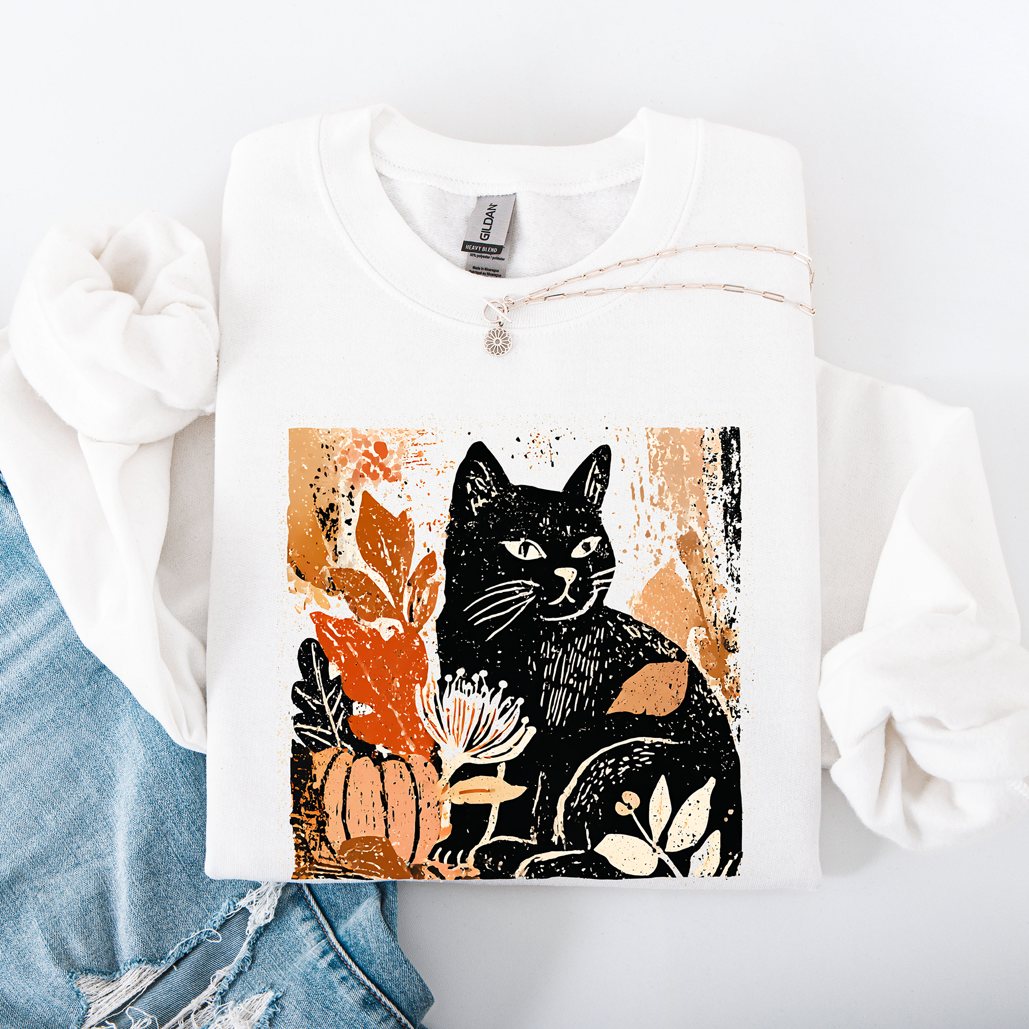 Vintage Black Cat Halloween Autumn Pumpkin Cozy Soft Fleece Vintage Inspired Design Sweatshirt