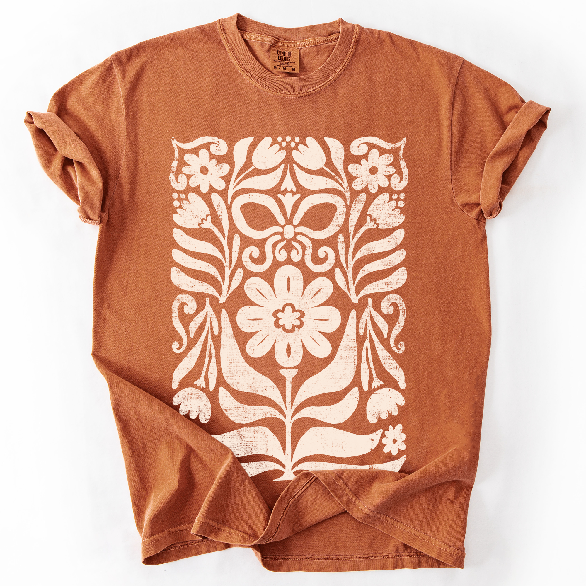 Vintage Folk Flower Pattern Watercolor Boho Nature Autumnal Design Comfort Colors Tee