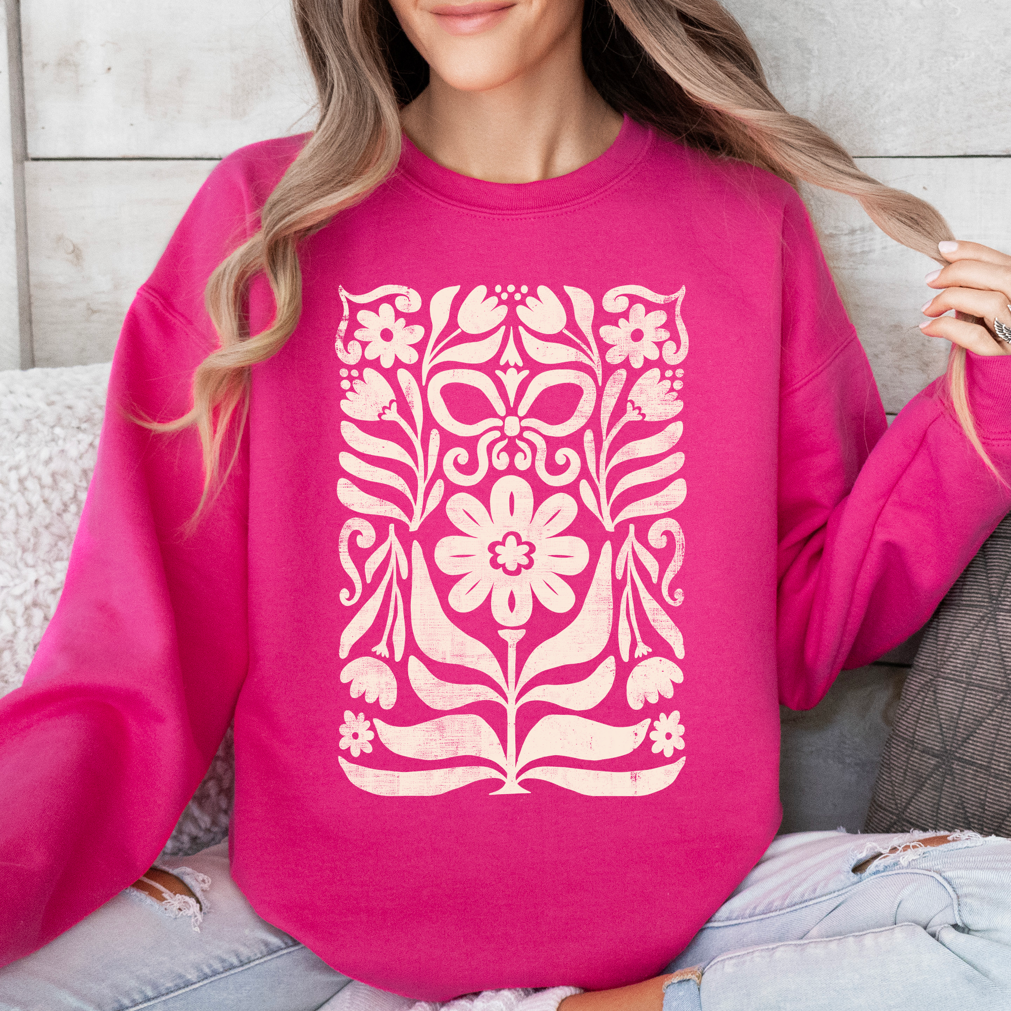 Vintage Folk Flower Pattern Boho Autumn Sunflowers Pumpkins Nature Inspired Sweatshirt