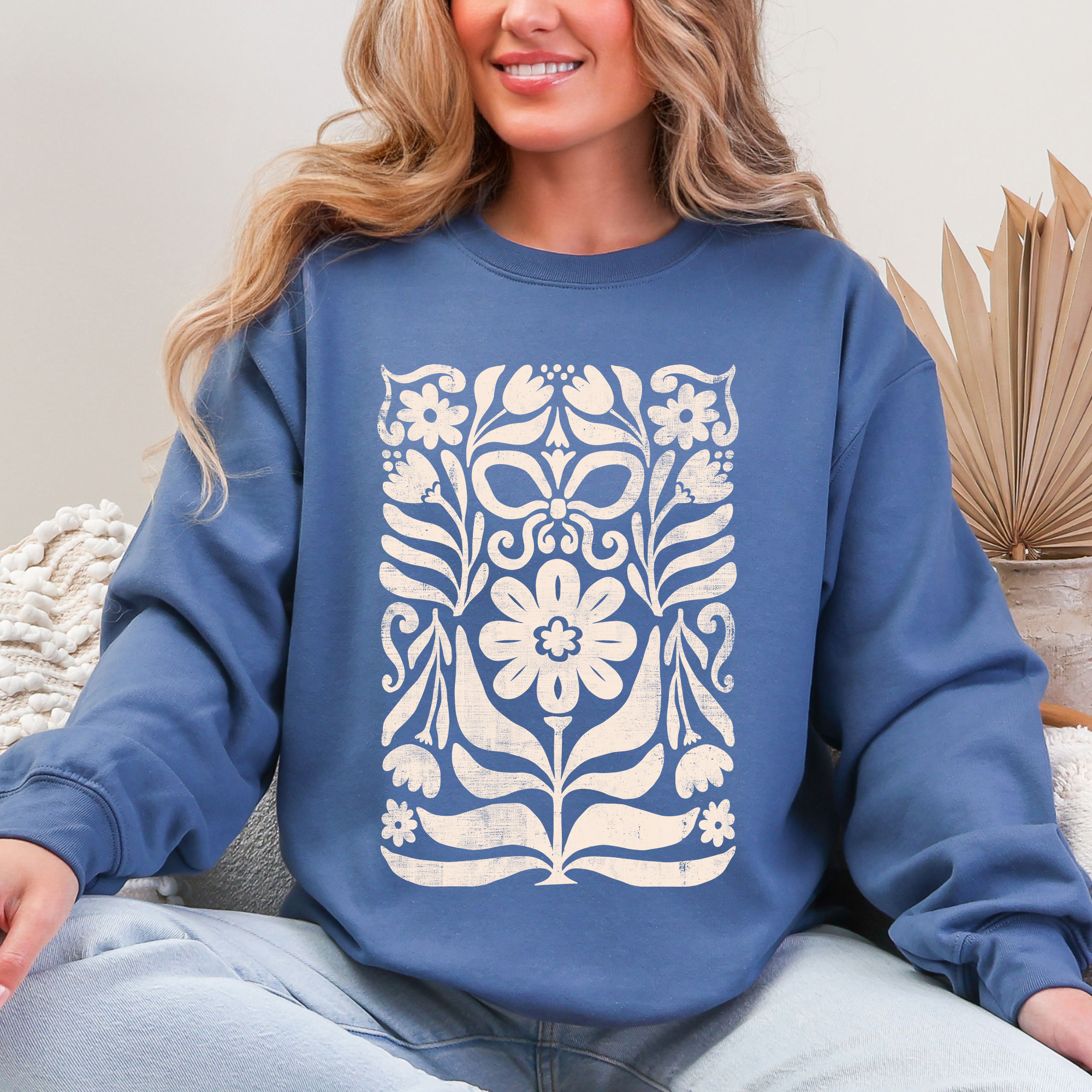 Vintage Folk Flower Pattern Boho Autumn Sunflowers Pumpkins Nature Inspired Sweatshirt