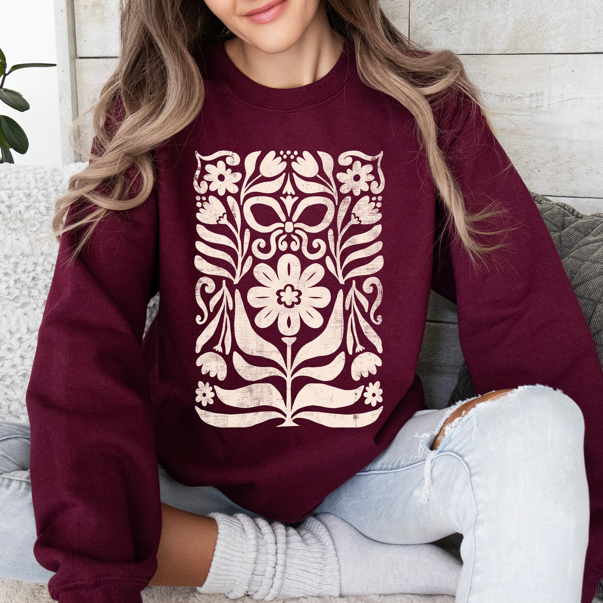 Vintage Folk Flower Pattern Boho Autumn Sunflowers Pumpkins Nature Inspired Sweatshirt