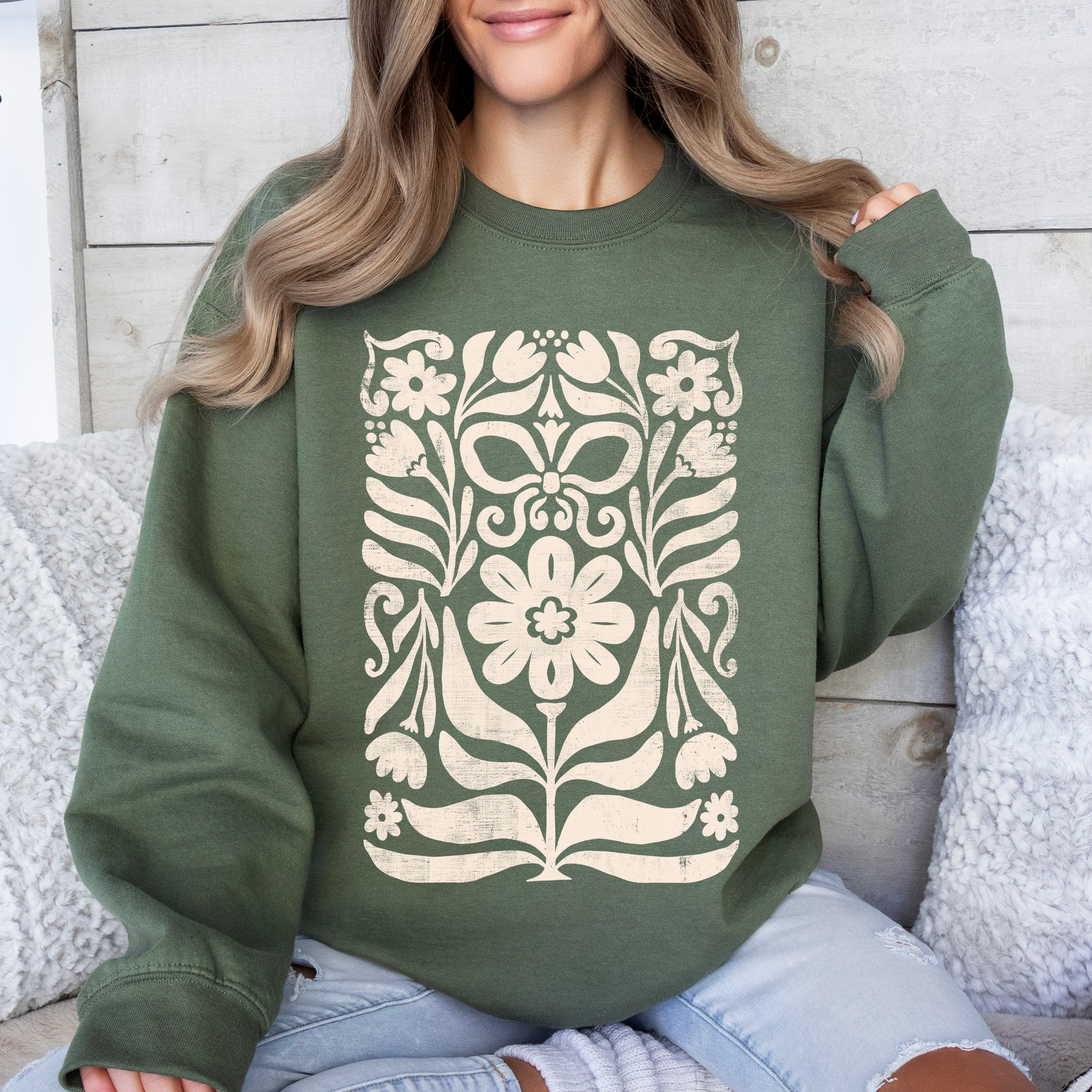 Vintage Folk Flower Pattern Boho Autumn Sunflowers Pumpkins Nature Inspired Sweatshirt