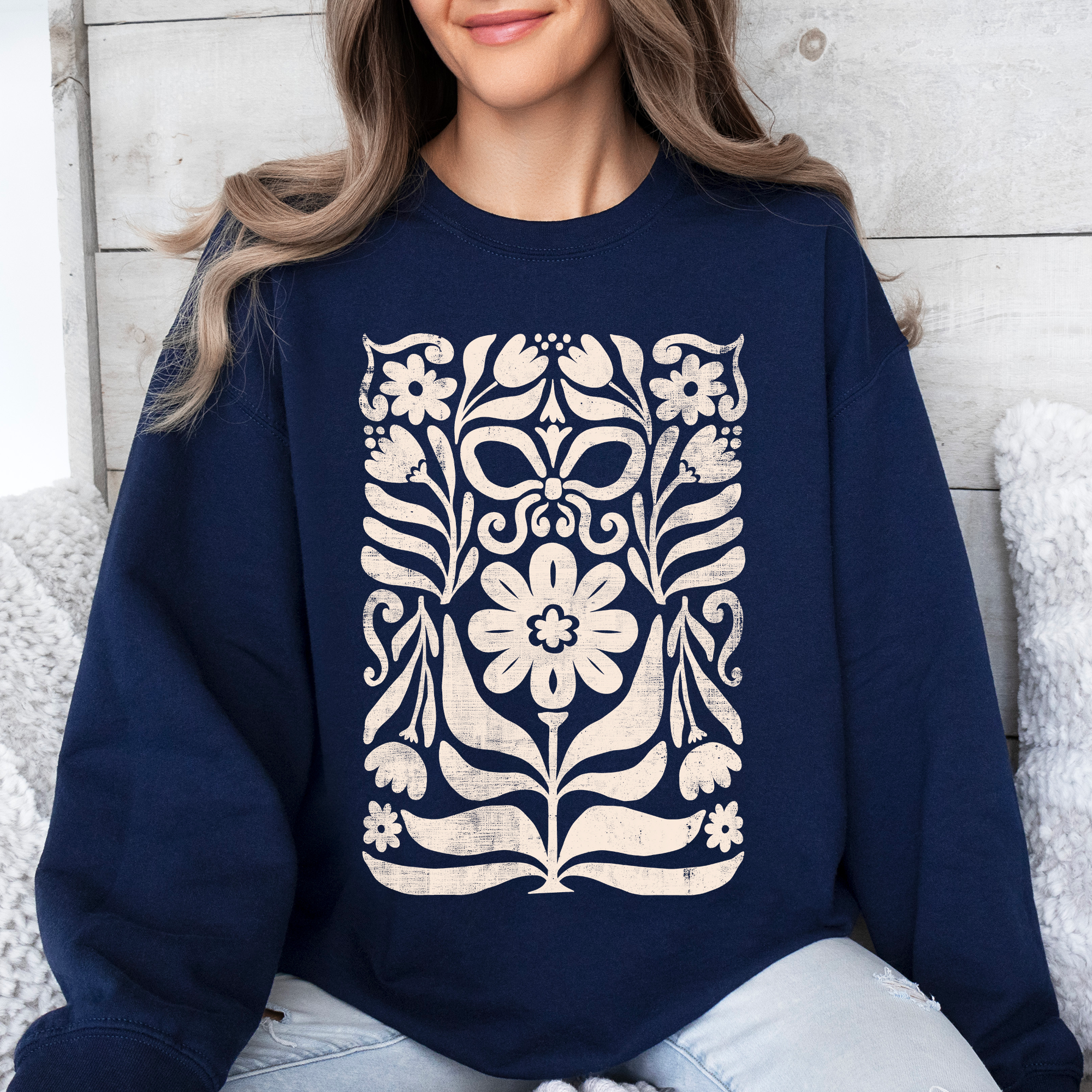 Vintage Folk Flower Pattern Boho Autumn Sunflowers Pumpkins Nature Inspired Sweatshirt