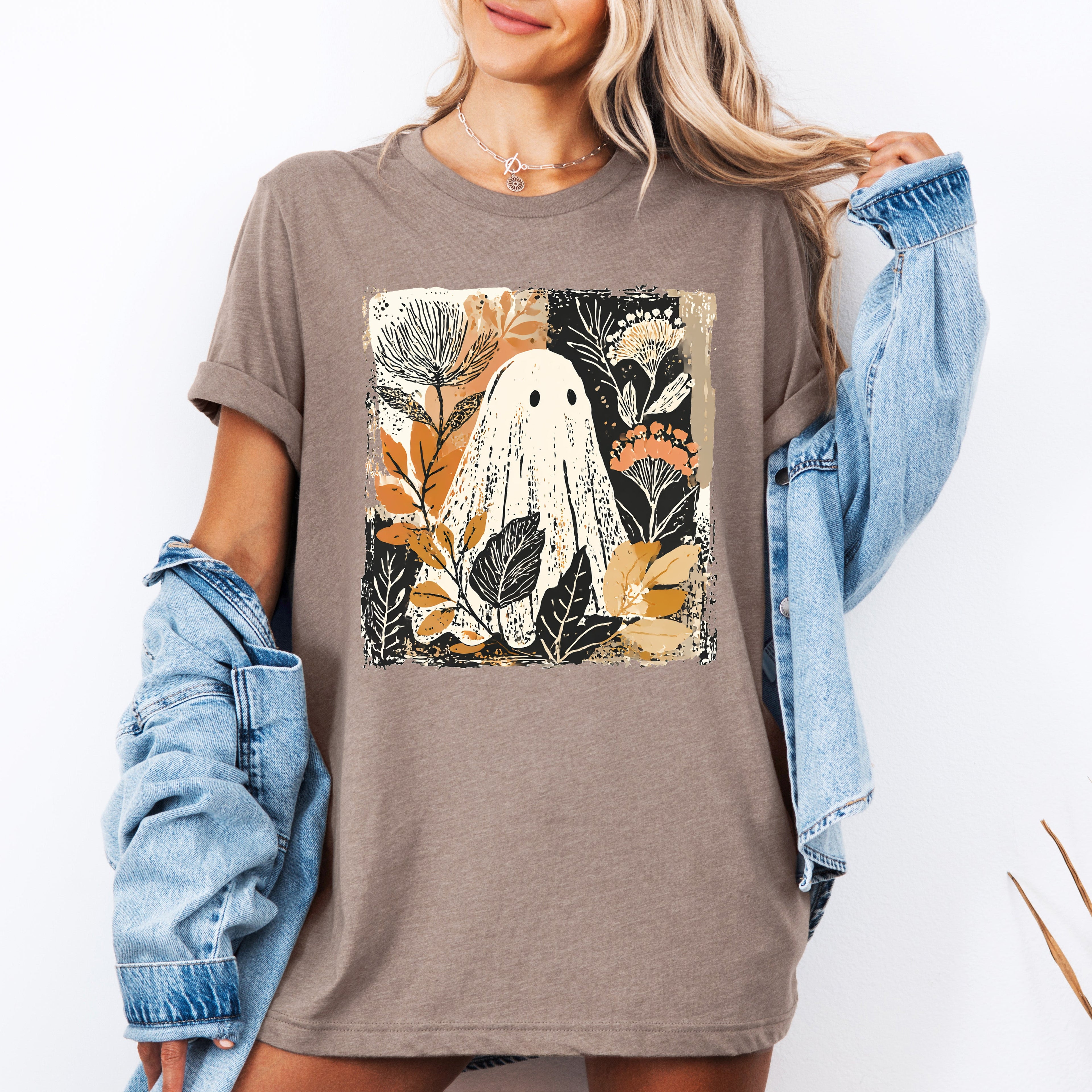 Vintage Ghost Halloween Botanical Floral Autumn Night Scene Moonlit Garden Graphic Tee