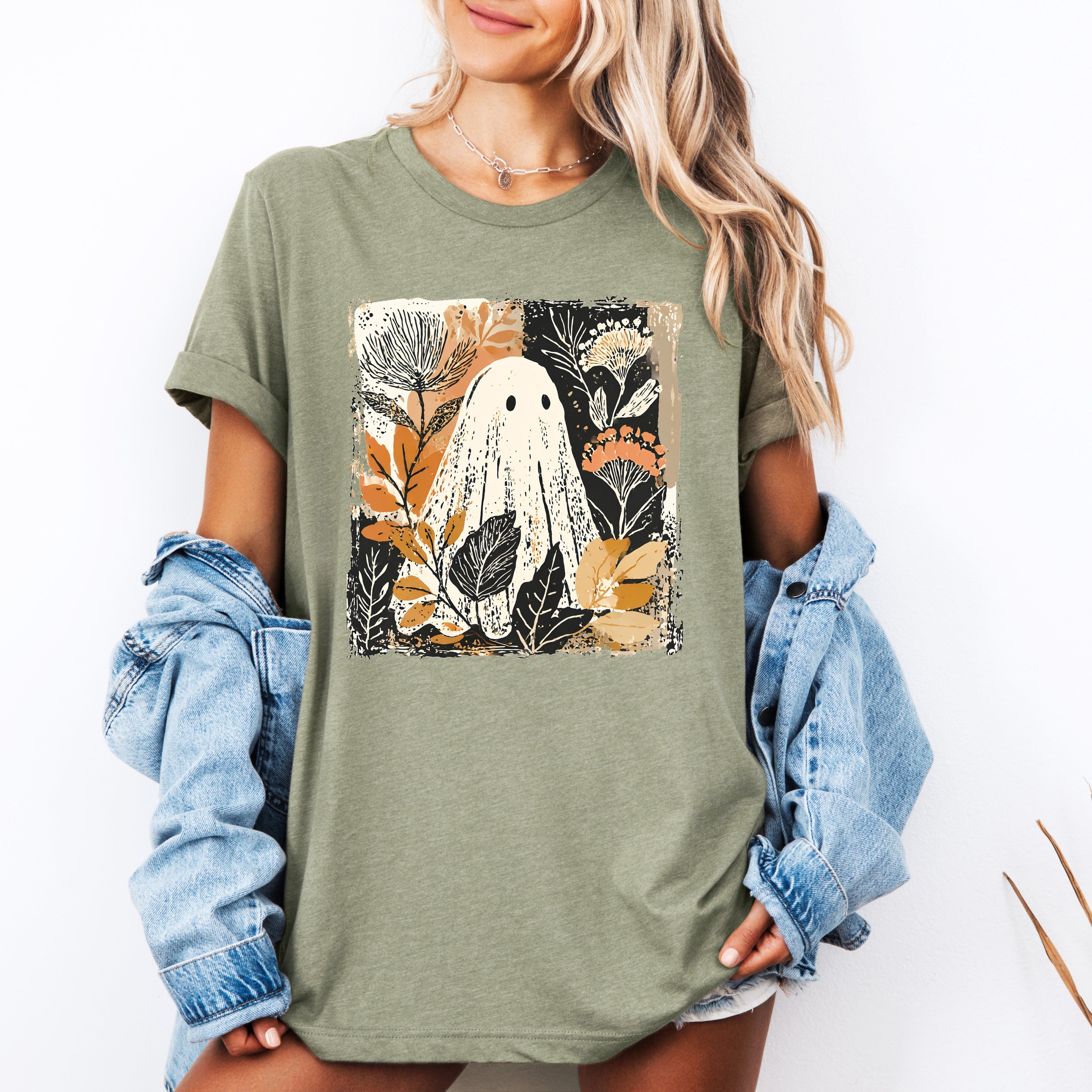 Vintage Ghost Halloween Botanical Floral Autumn Night Scene Moonlit Garden Graphic Tee
