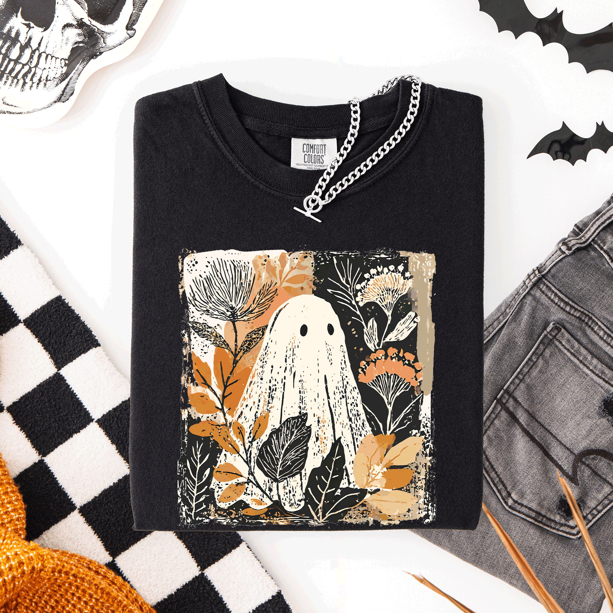 Vintage Ghost Halloween Botanical Floral Autumnal Charm Graphic Comfort Colors Tee