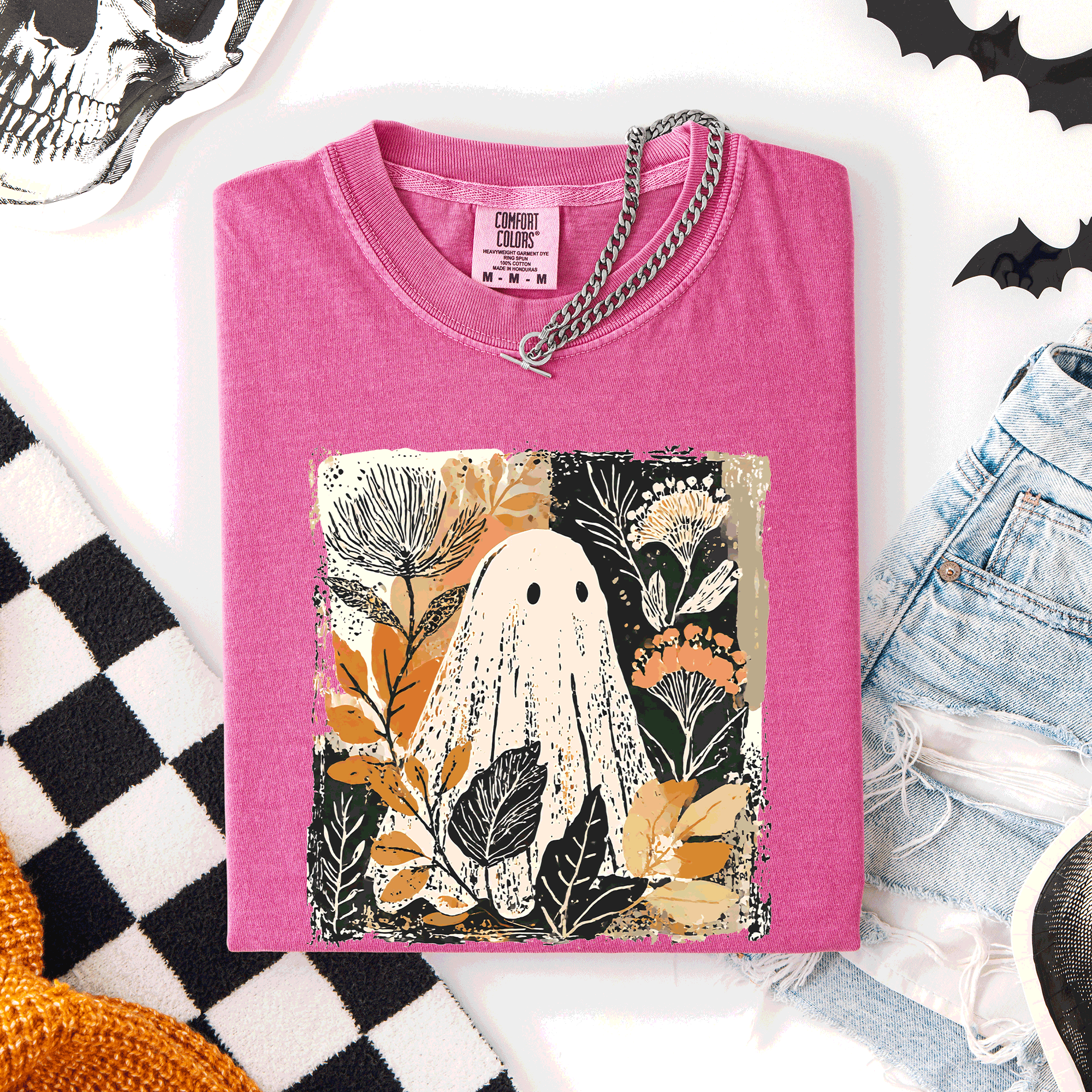 Vintage Ghost Halloween Botanical Floral Autumnal Charm Graphic Comfort Colors Tee