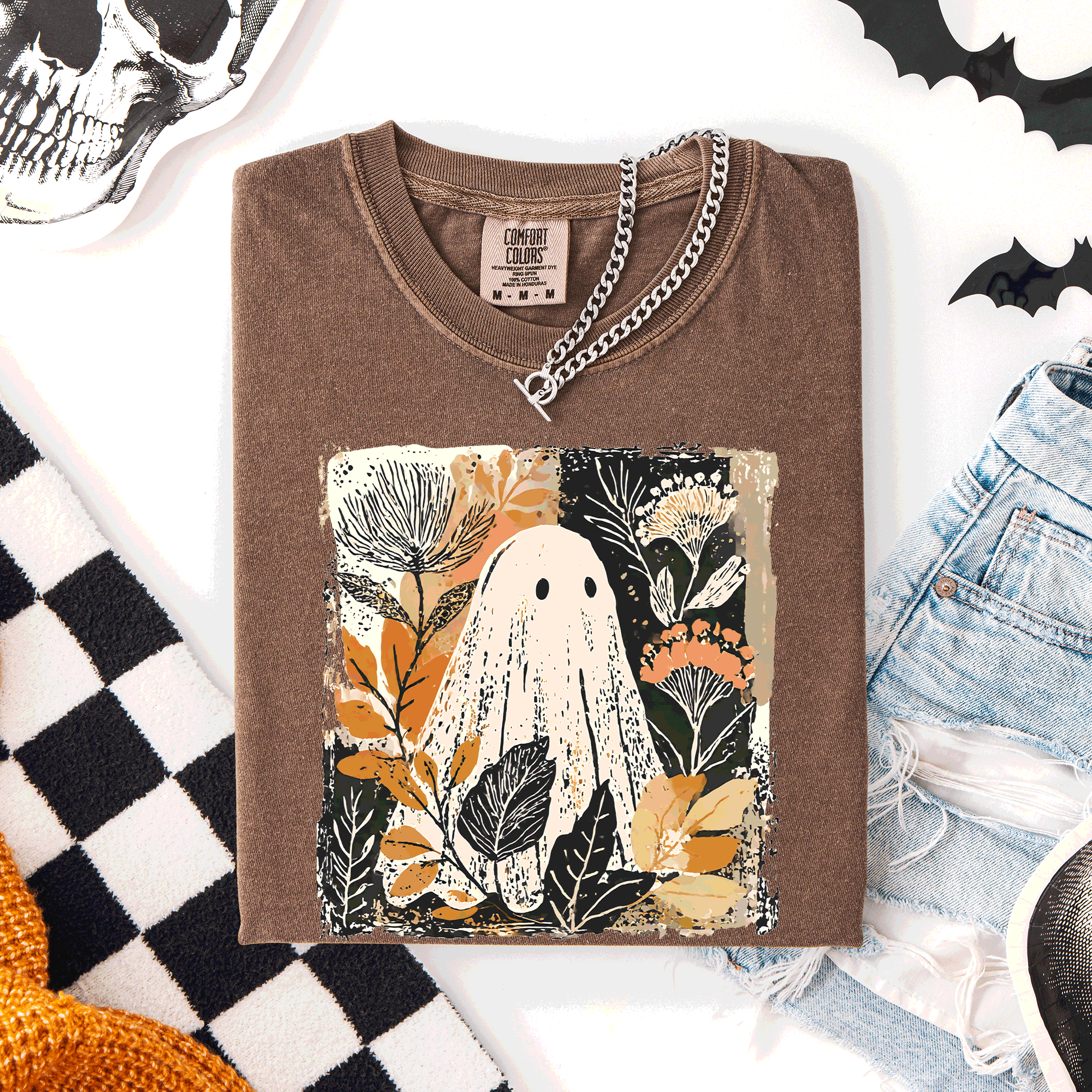Vintage Ghost Halloween Botanical Floral Autumnal Charm Graphic Comfort Colors Tee