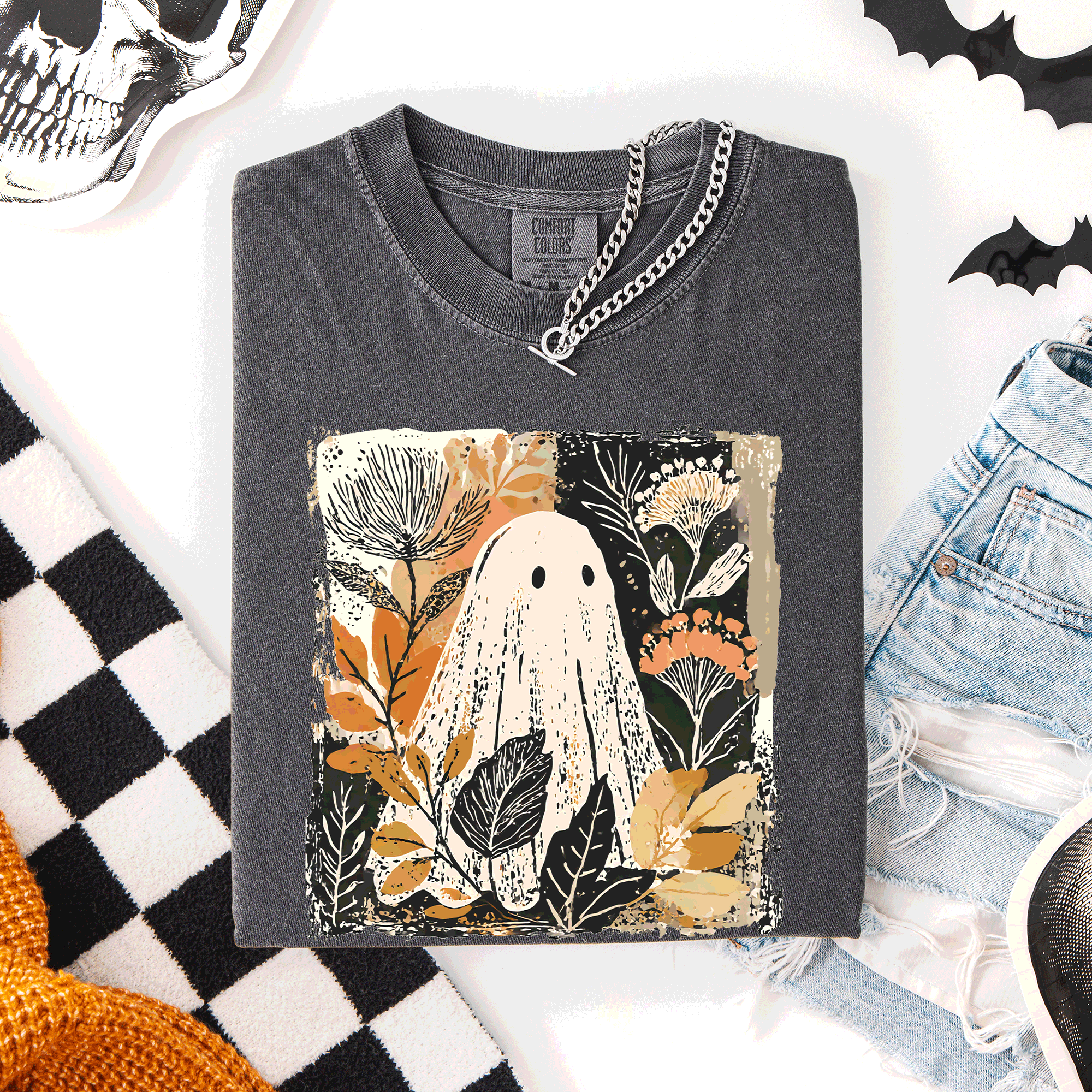 Vintage Ghost Halloween Botanical Floral Autumnal Charm Graphic Comfort Colors Tee