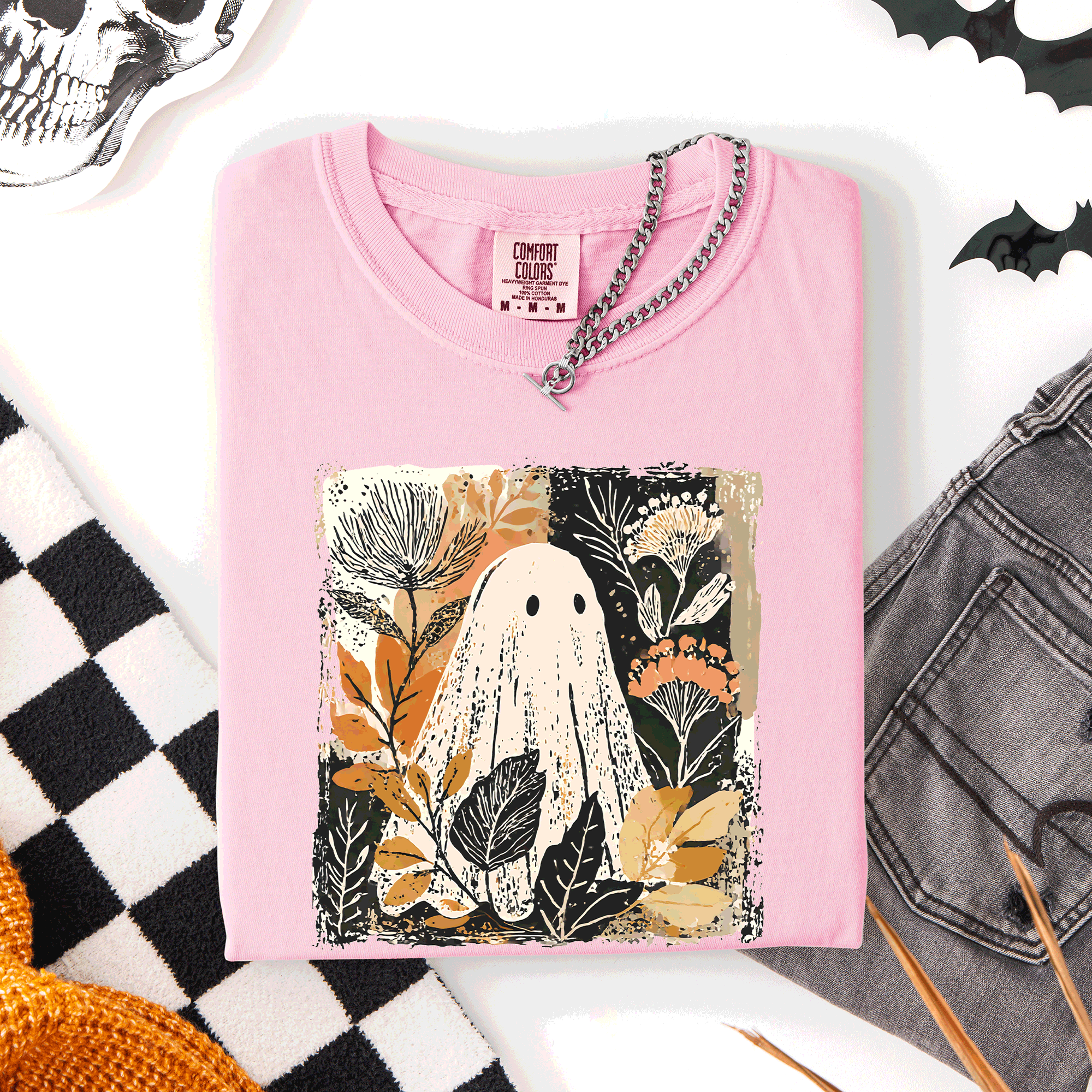 Vintage Ghost Halloween Botanical Floral Autumnal Charm Graphic Comfort Colors Tee
