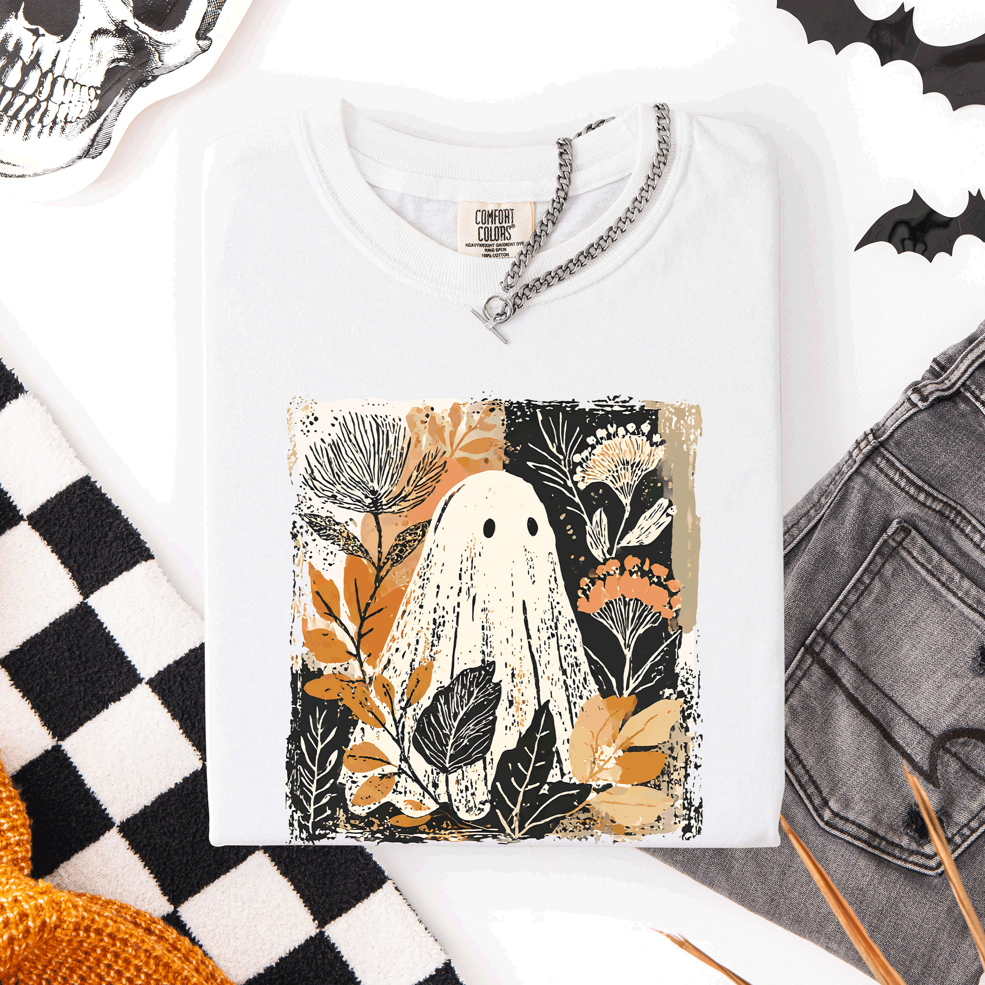 Vintage Ghost Halloween Botanical Floral Autumnal Charm Graphic Comfort Colors Tee