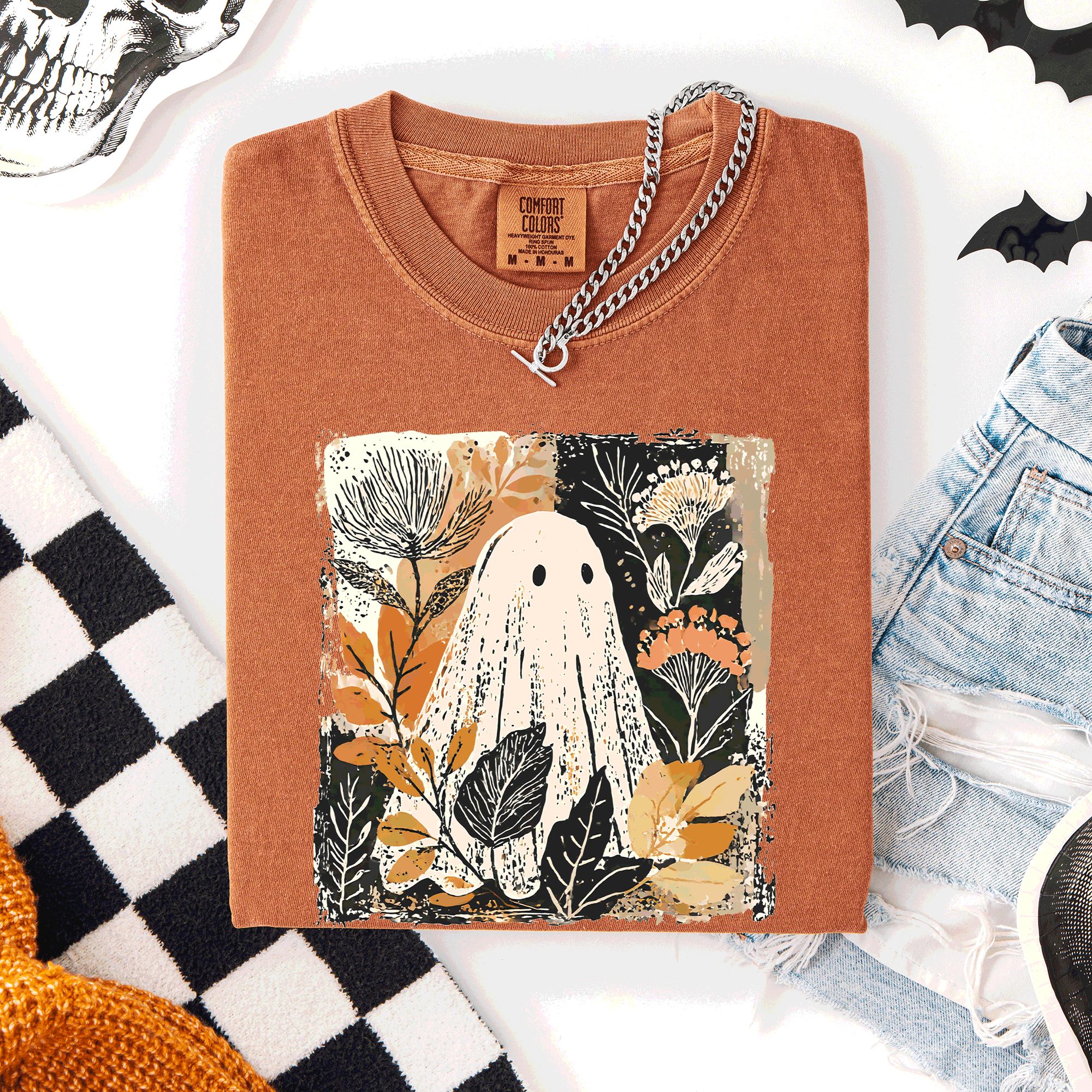 Vintage Ghost Halloween Botanical Floral Autumnal Charm Graphic Comfort Colors Tee