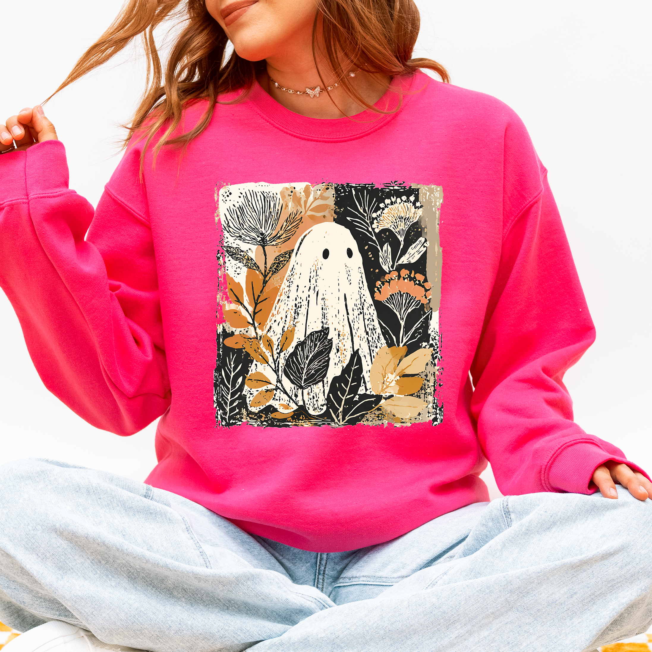 Vintage Ghost Halloween Botanical Floral Autumn Fall Cozy Night Spirit Sweatshirt