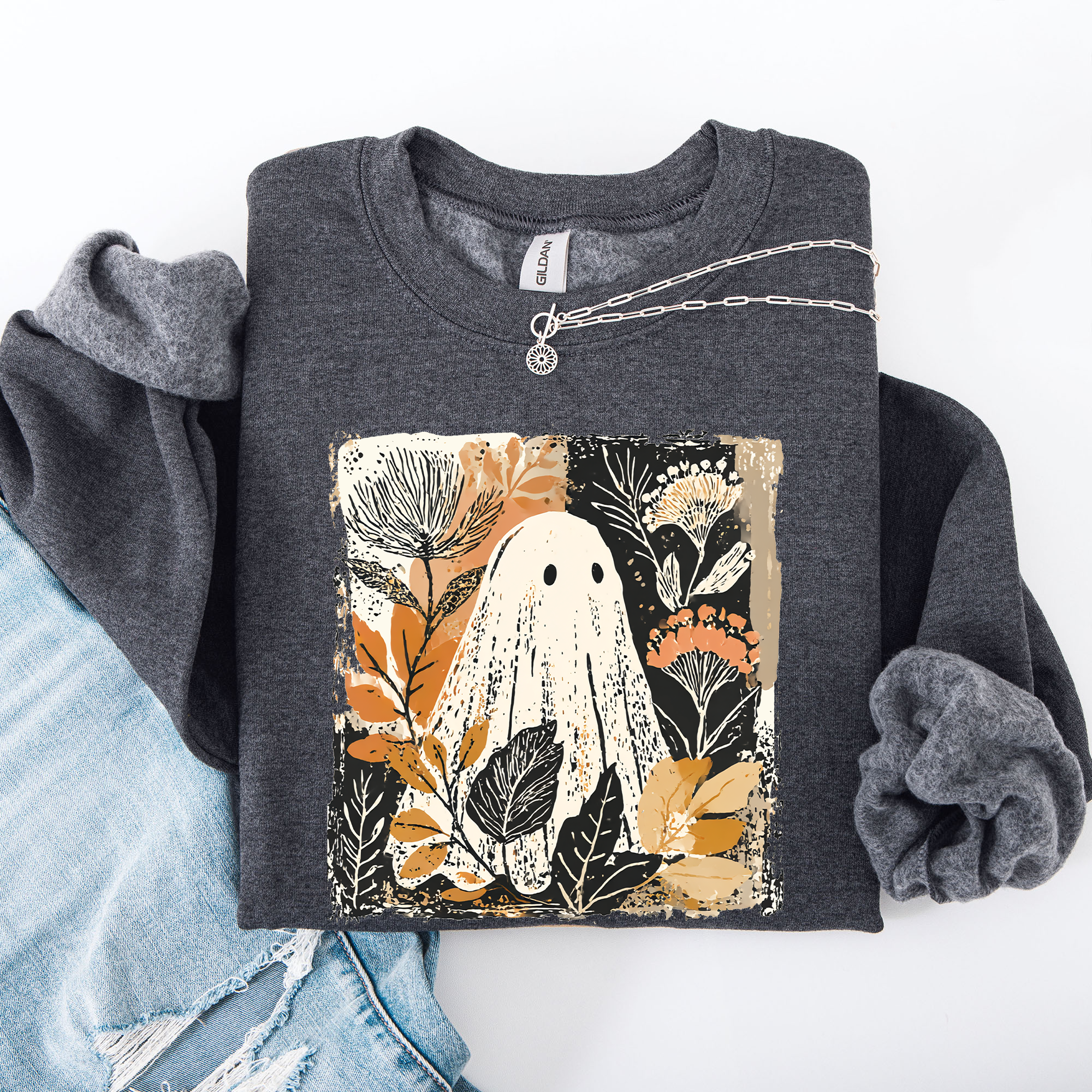 Vintage Ghost Halloween Botanical Floral Autumn Fall Cozy Night Spirit Sweatshirt