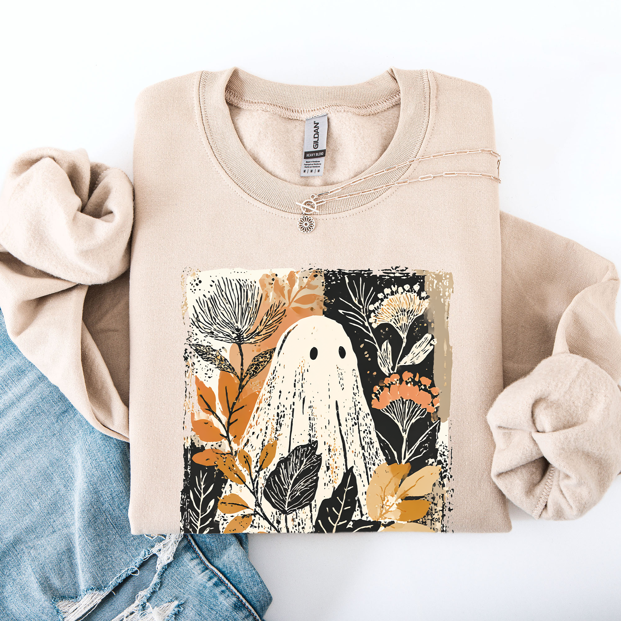 Vintage Ghost Halloween Botanical Floral Autumn Fall Cozy Night Spirit Sweatshirt