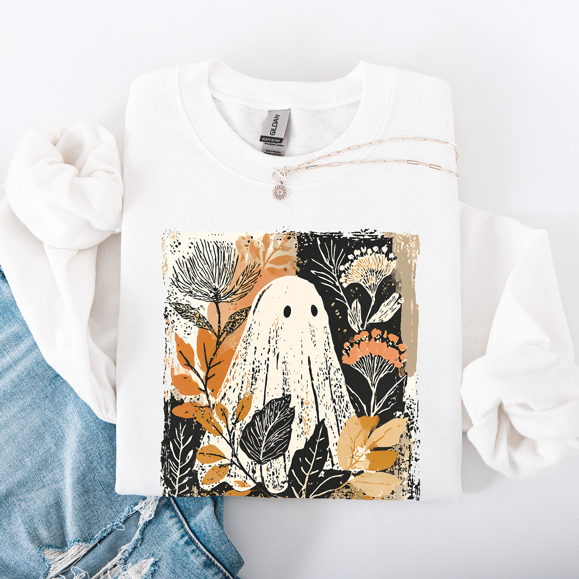 Vintage Ghost Halloween Botanical Floral Autumn Fall Cozy Night Spirit Sweatshirt