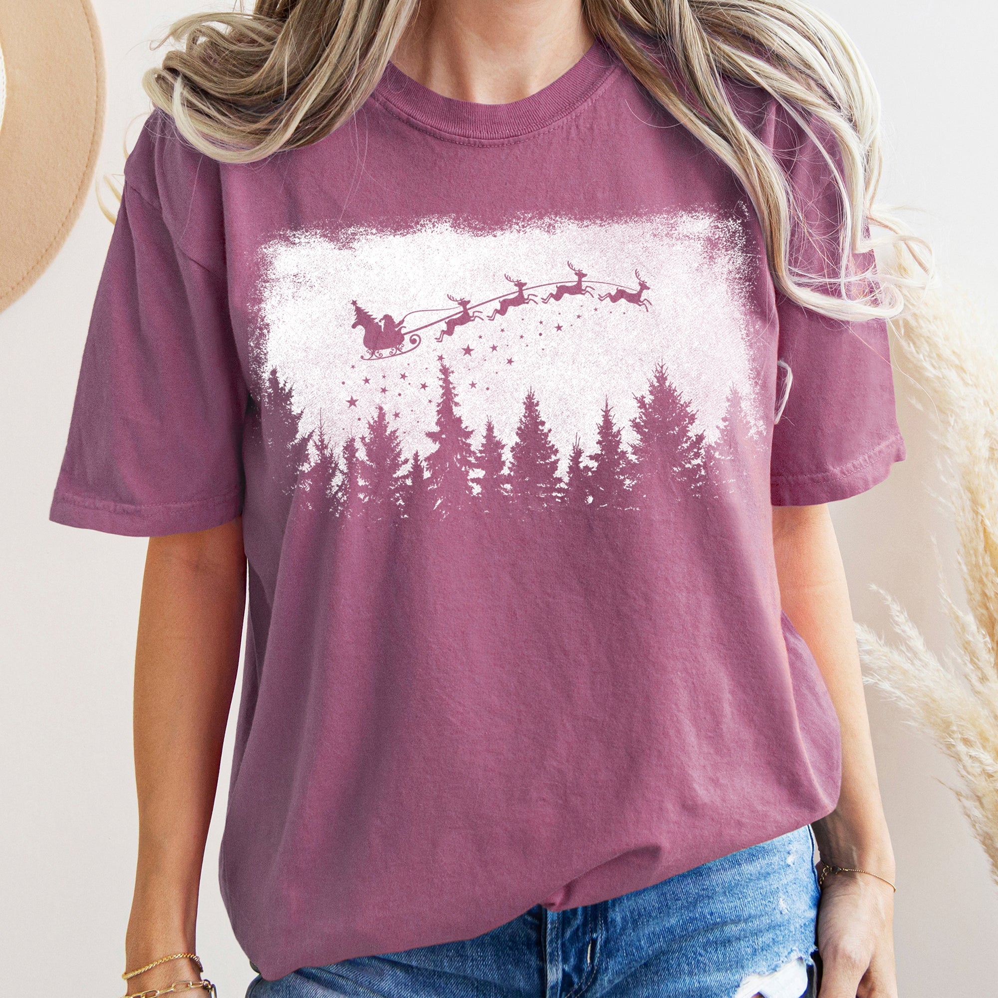 Vintage Pine Tree Christmas Silhouette Santa Reindeer Sleigh Scene Comfort Colors Tee