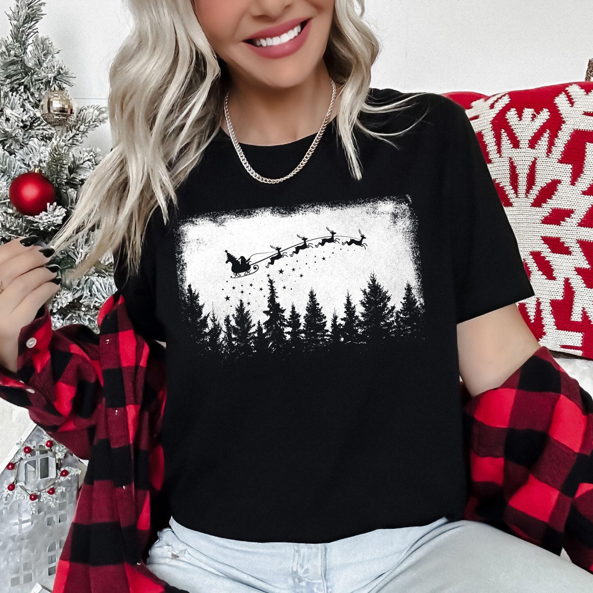 Vintage Pine Tree Christmas Silhouette Santa Reindeer Sleigh Holiday Graphic Tee