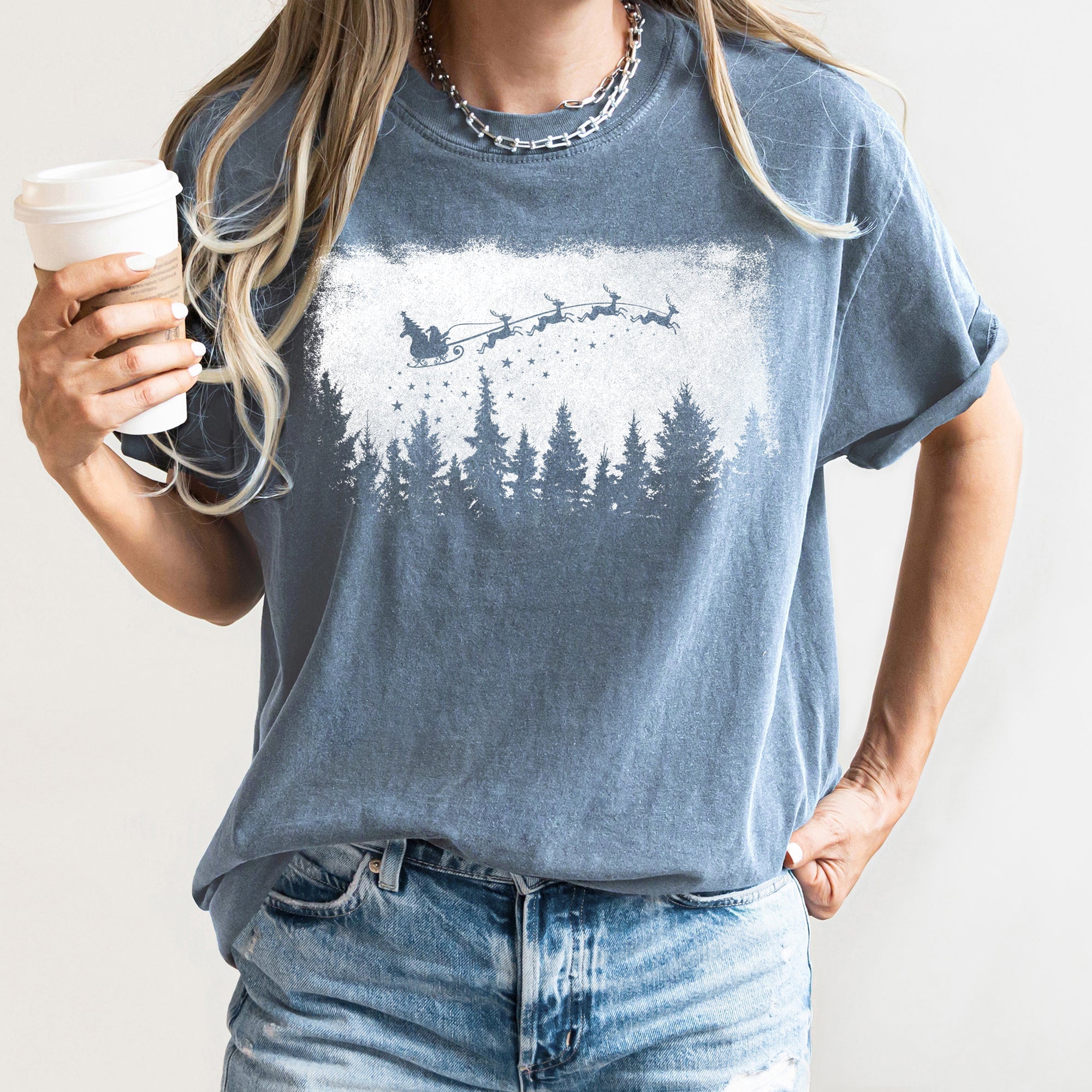 Vintage Pine Tree Christmas Silhouette Santa Reindeer Sleigh Scene Comfort Colors Tee