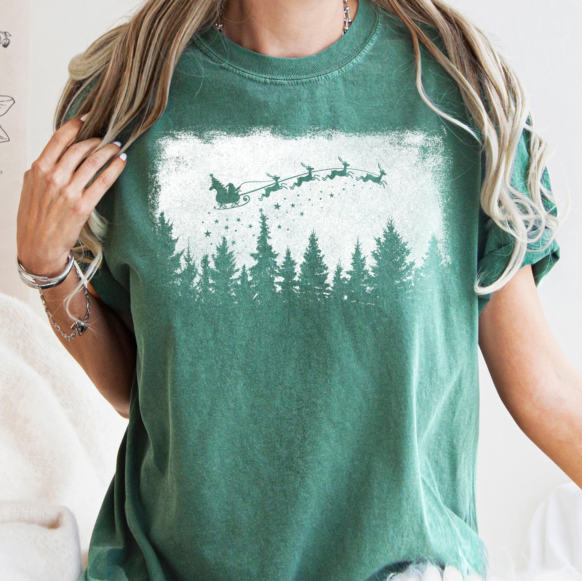 Vintage Pine Tree Christmas Silhouette Santa Reindeer Sleigh Scene Comfort Colors Tee