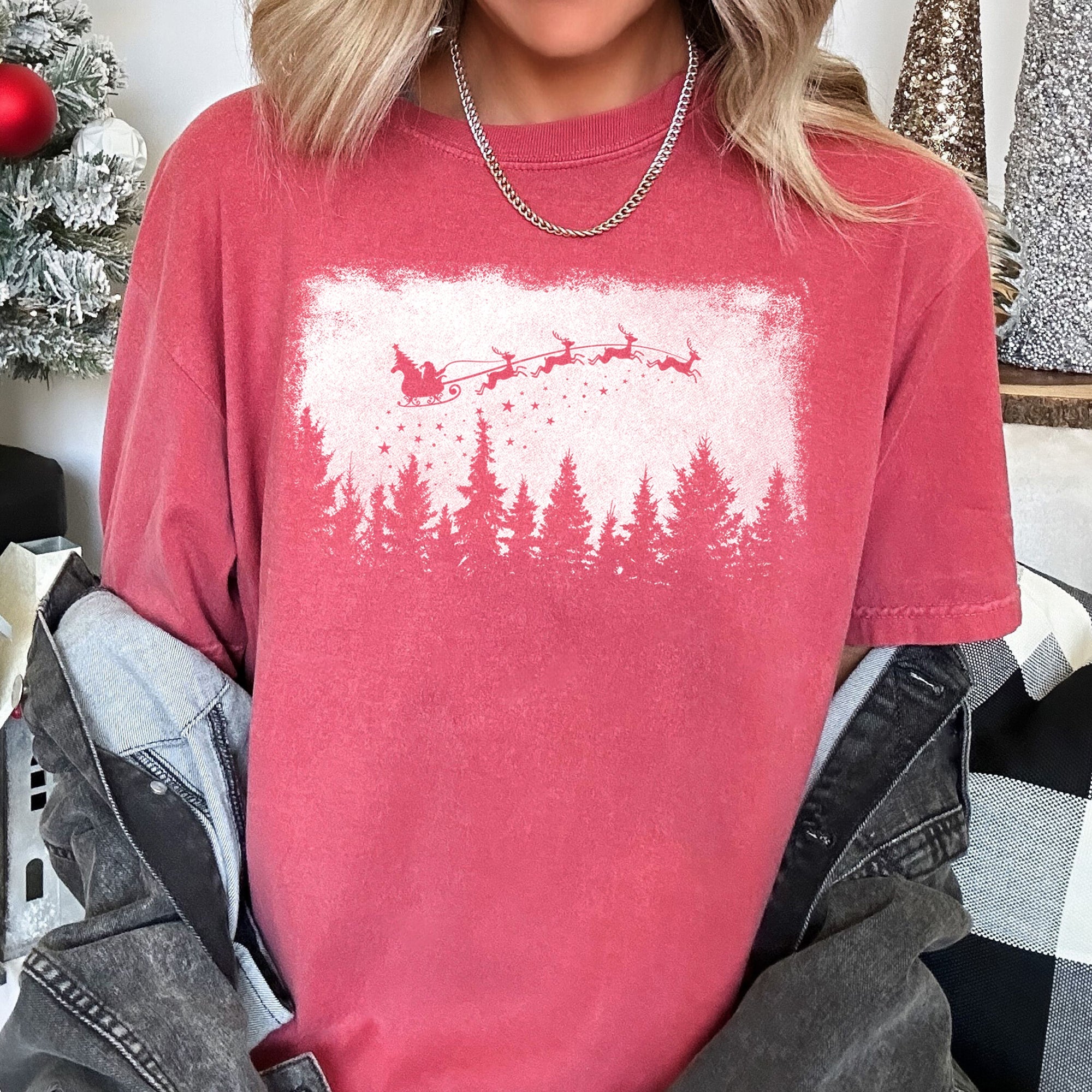 Vintage Pine Tree Christmas Silhouette Santa Reindeer Sleigh Scene Comfort Colors Tee