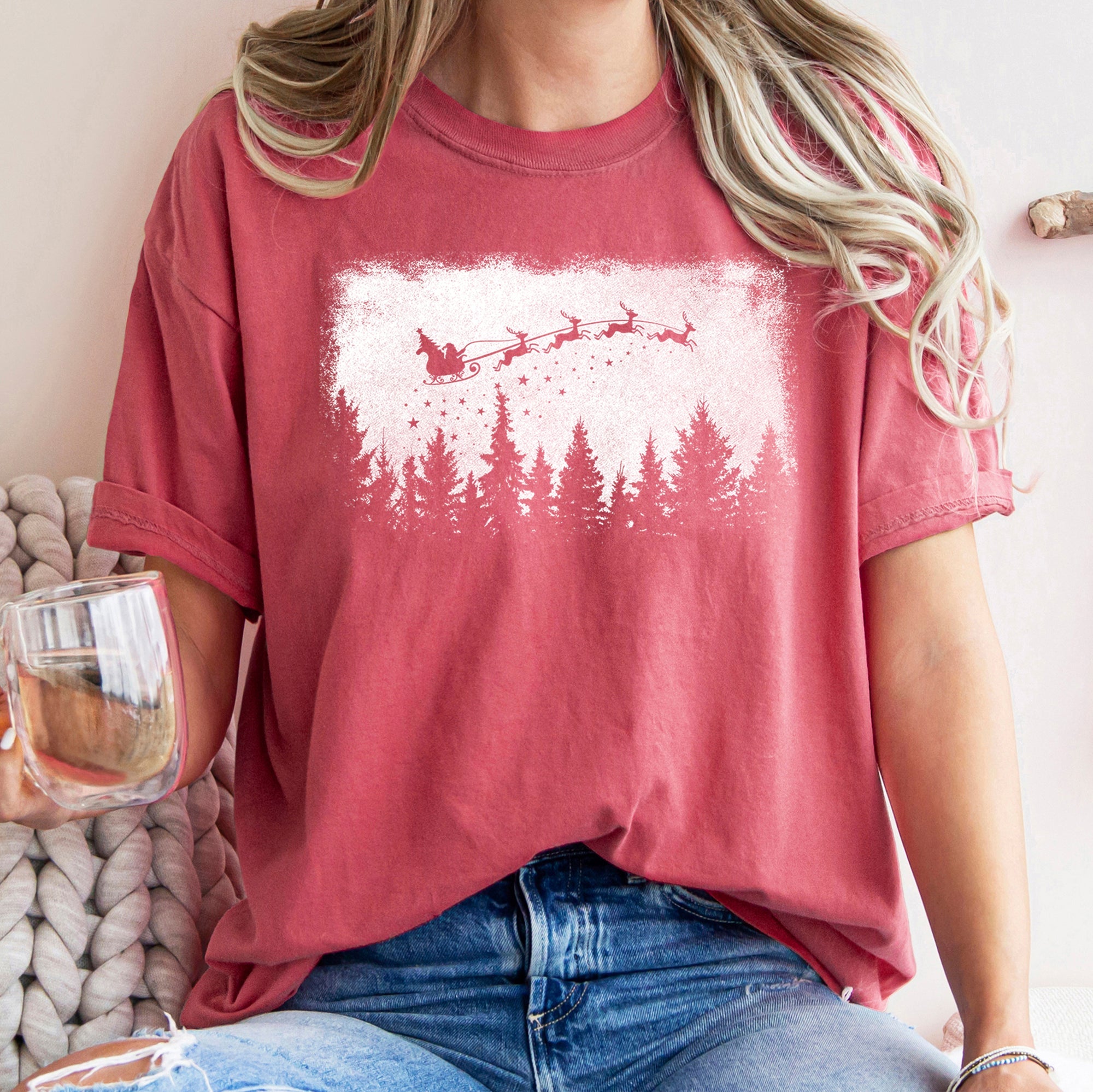 Vintage Pine Tree Christmas Silhouette Santa Reindeer Sleigh Scene Comfort Colors Tee