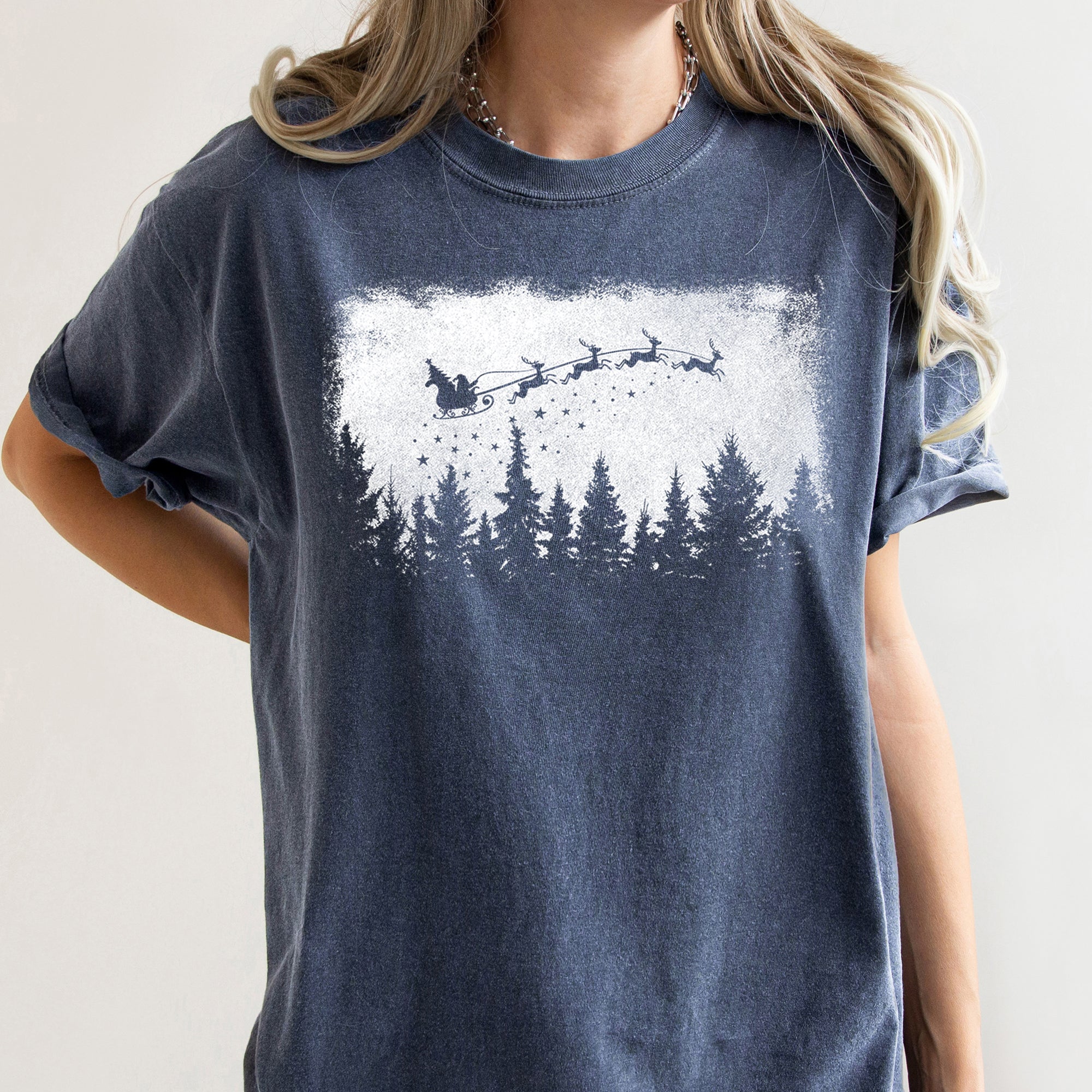 Vintage Pine Tree Christmas Silhouette Santa Reindeer Sleigh Scene Comfort Colors Tee