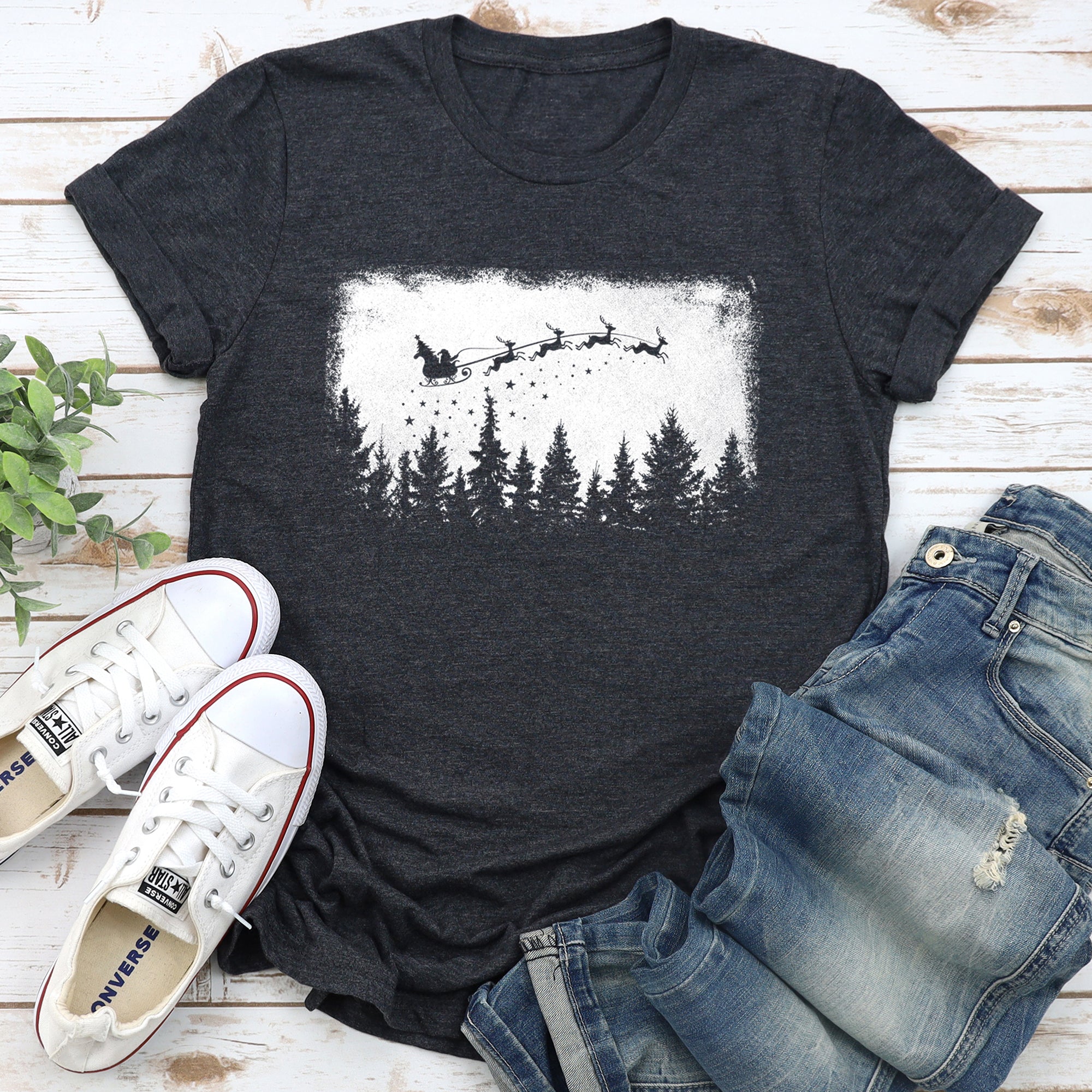 Vintage Pine Tree Christmas Silhouette Santa Reindeer Sleigh Holiday Graphic Tee