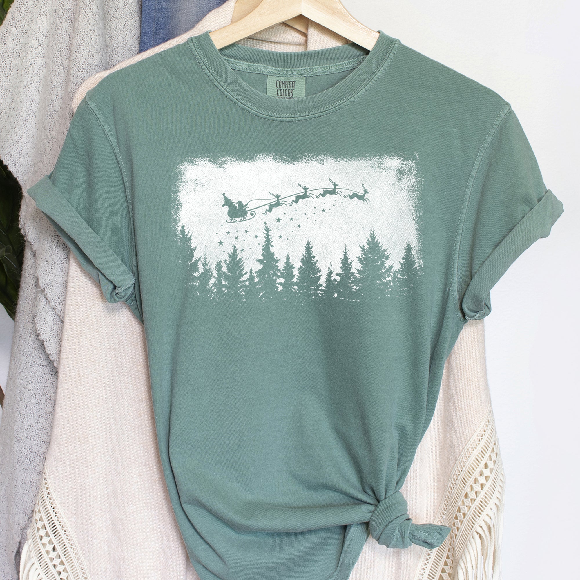 Vintage Pine Tree Christmas Silhouette Santa Reindeer Sleigh Scene Comfort Colors Tee
