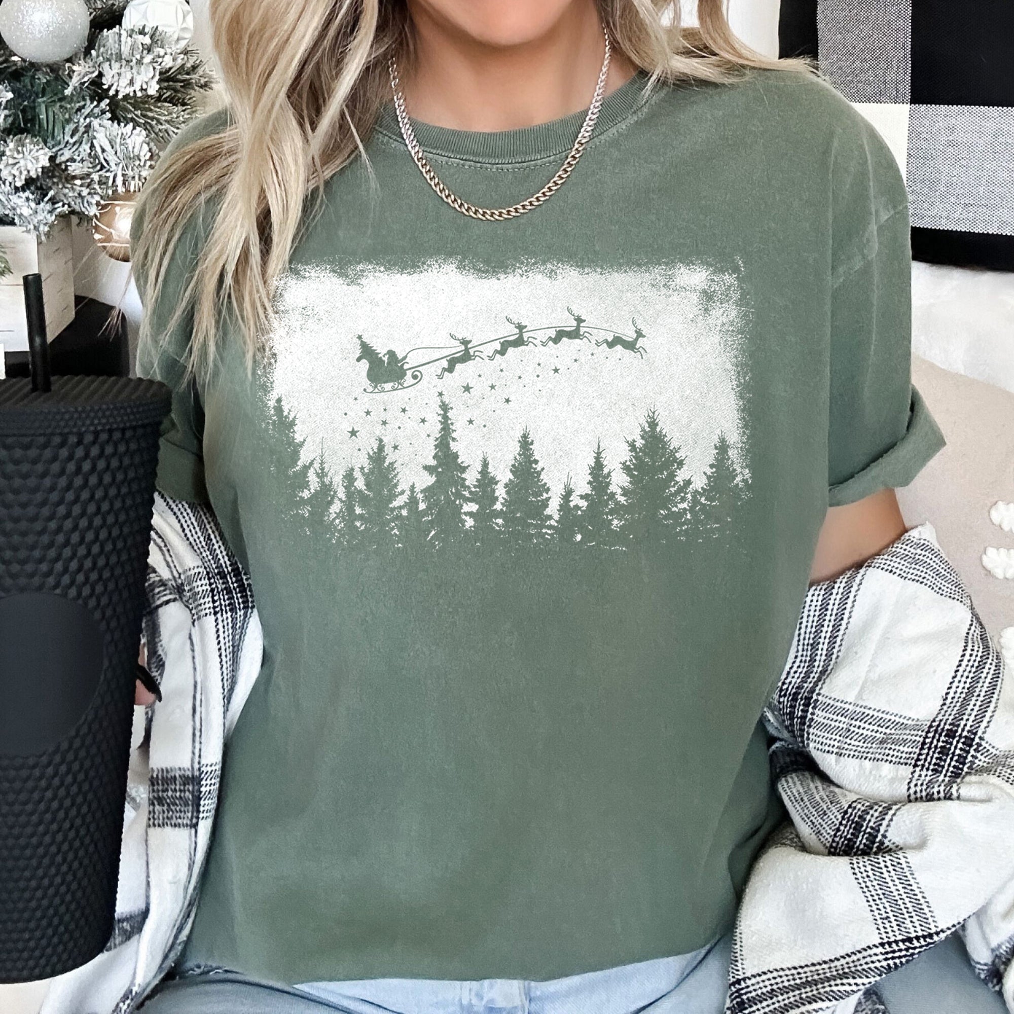 Vintage Pine Tree Christmas Silhouette Santa Reindeer Sleigh Scene Comfort Colors Tee