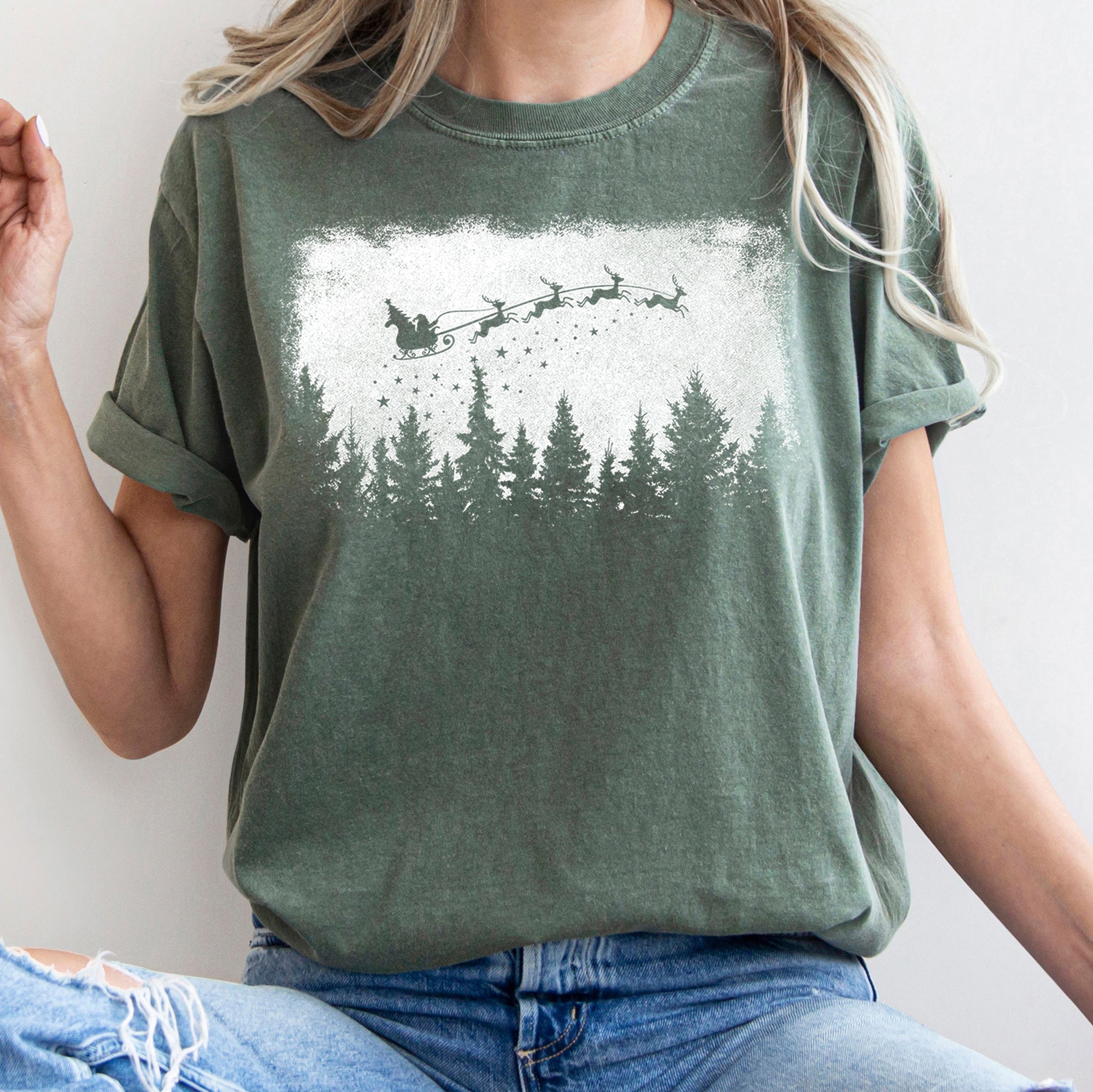 Vintage Pine Tree Christmas Silhouette Santa Reindeer Sleigh Scene Comfort Colors Tee