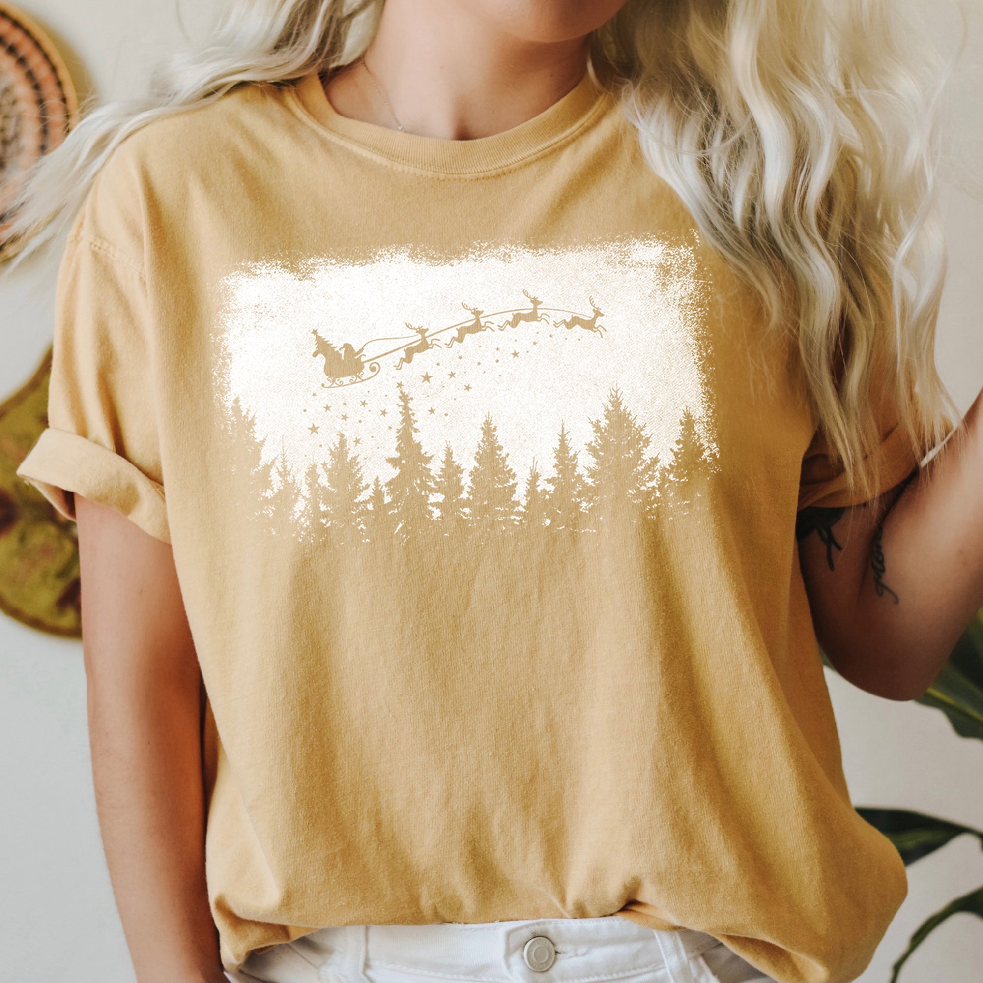Vintage Pine Tree Christmas Silhouette Santa Reindeer Sleigh Scene Comfort Colors Tee