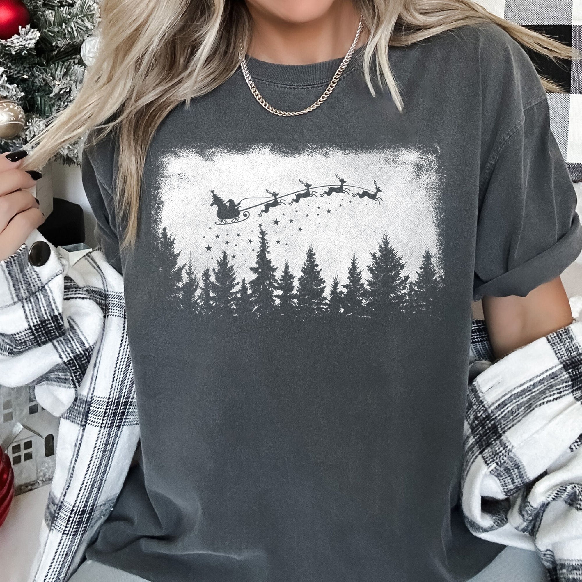 Vintage Pine Tree Christmas Silhouette Santa Reindeer Sleigh Scene Comfort Colors Tee