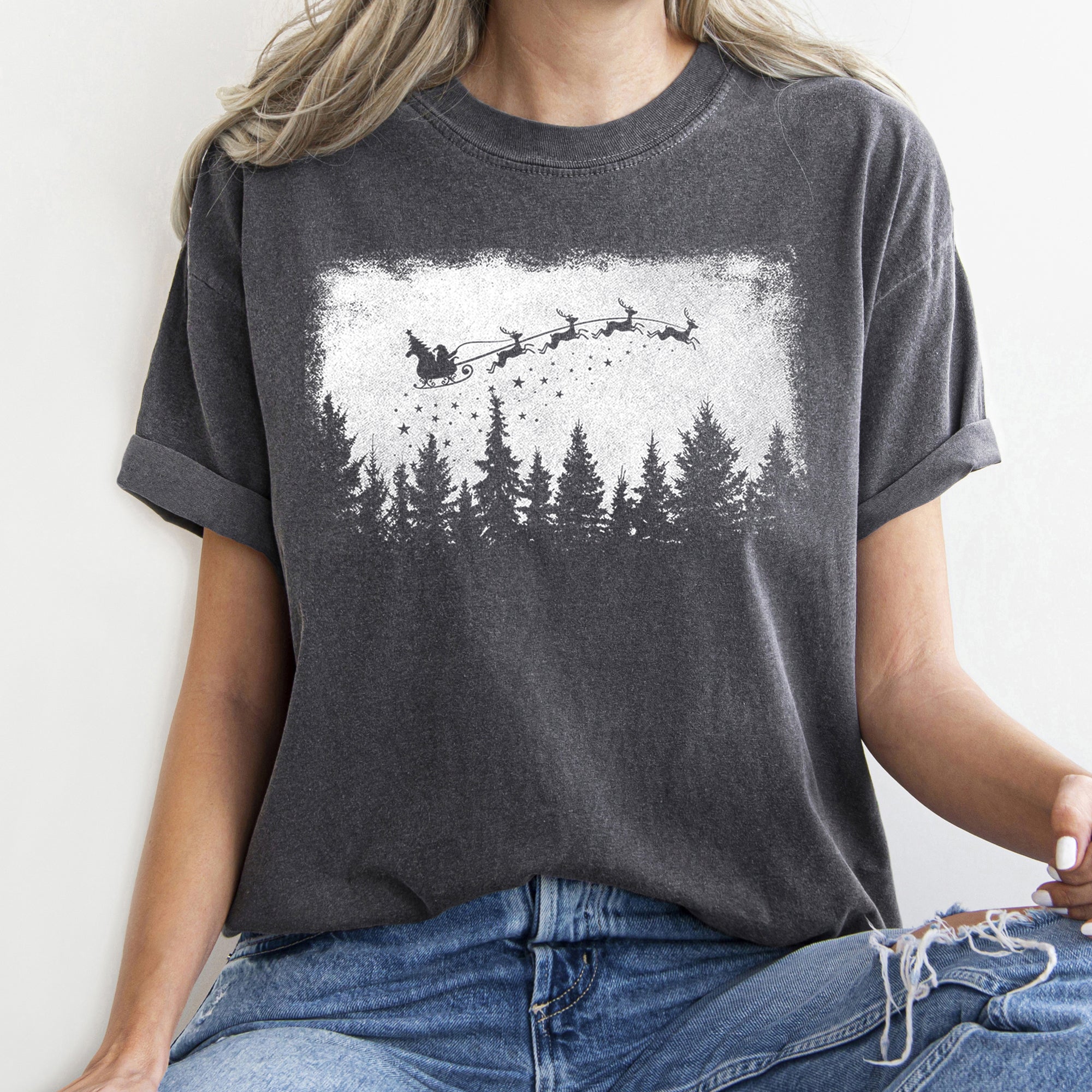 Vintage Pine Tree Christmas Silhouette Santa Reindeer Sleigh Scene Comfort Colors Tee