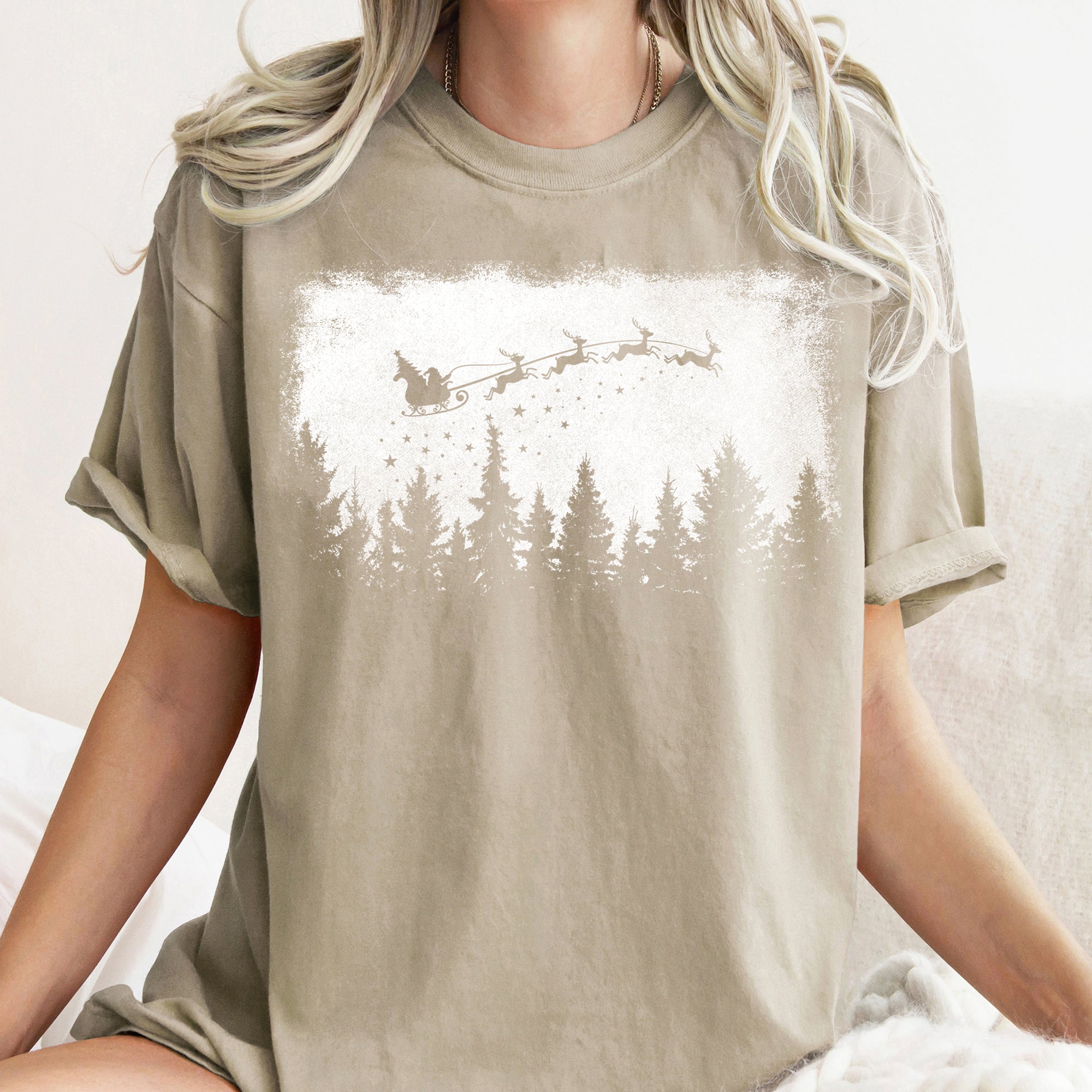 Vintage Pine Tree Christmas Silhouette Santa Reindeer Sleigh Scene Comfort Colors Tee