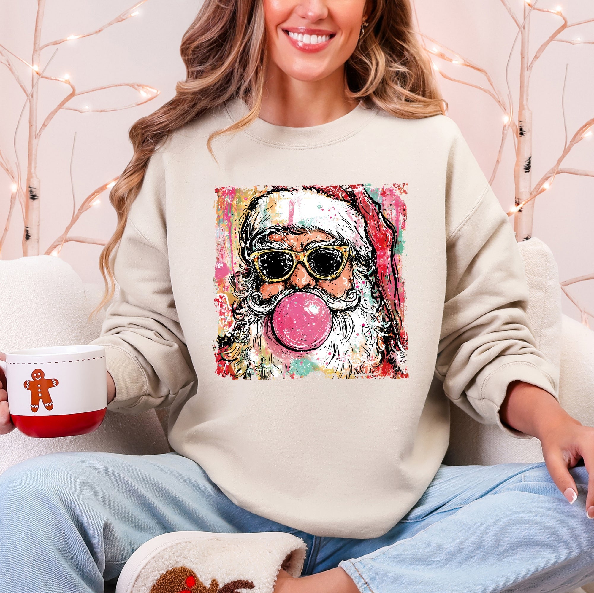 Vintage Santa Sketched Christmas Bubble Gum Illustration Retro Cozy Festive Seasonal Sweatshirt