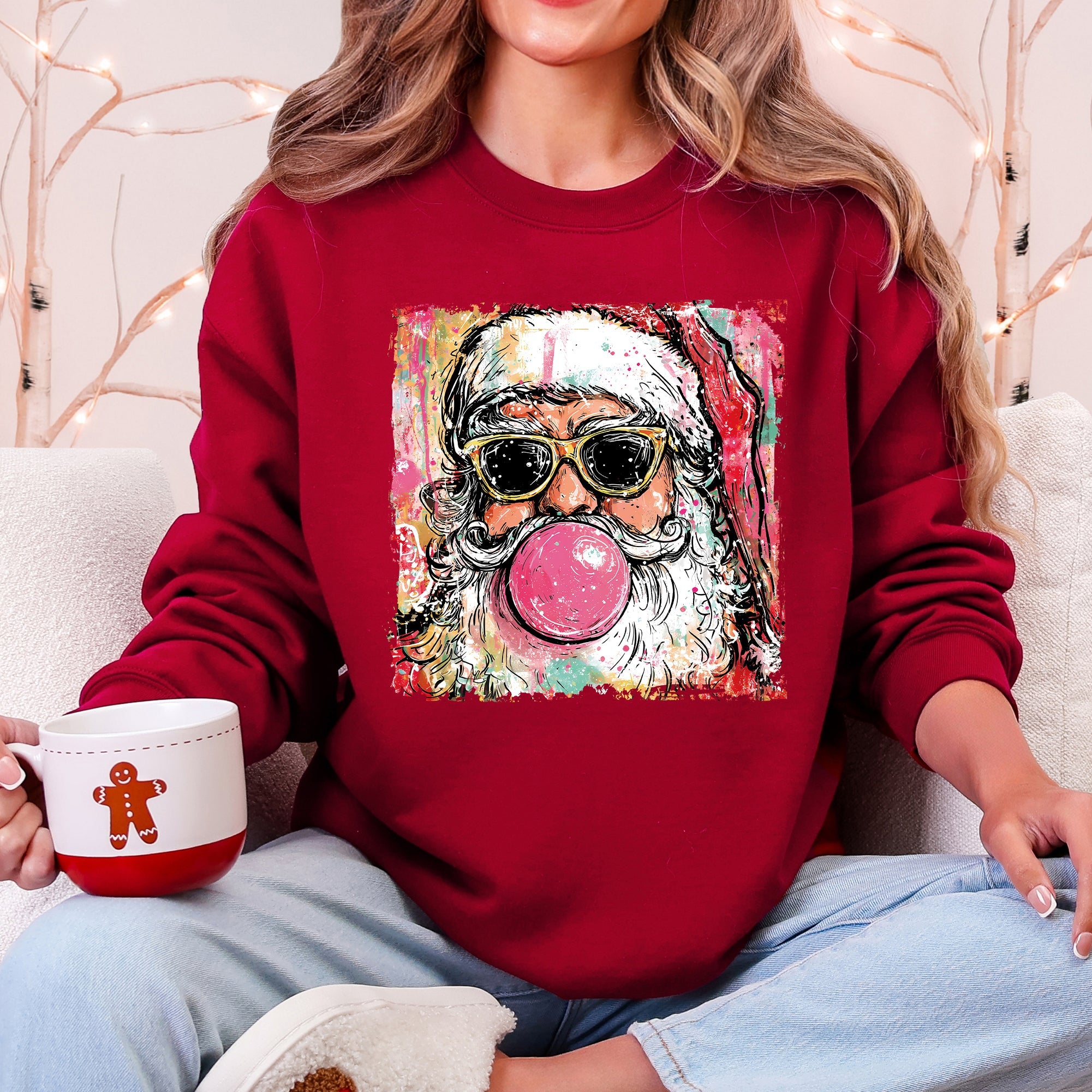 Vintage Santa Sketched Christmas Bubble Gum Illustration Retro Cozy Festive Seasonal Sweatshirt