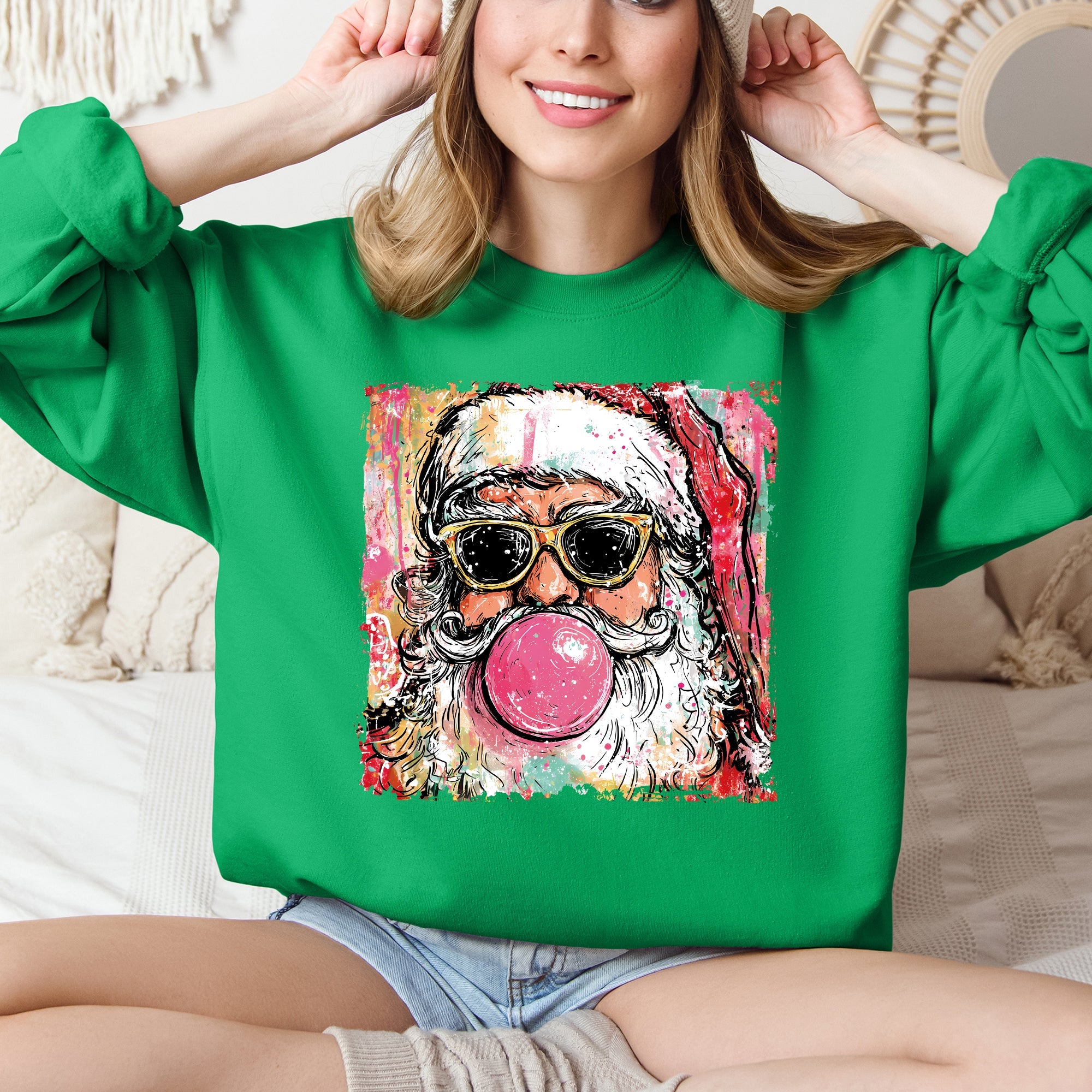 Vintage Santa Sketched Christmas Bubble Gum Illustration Retro Cozy Festive Seasonal Sweatshirt
