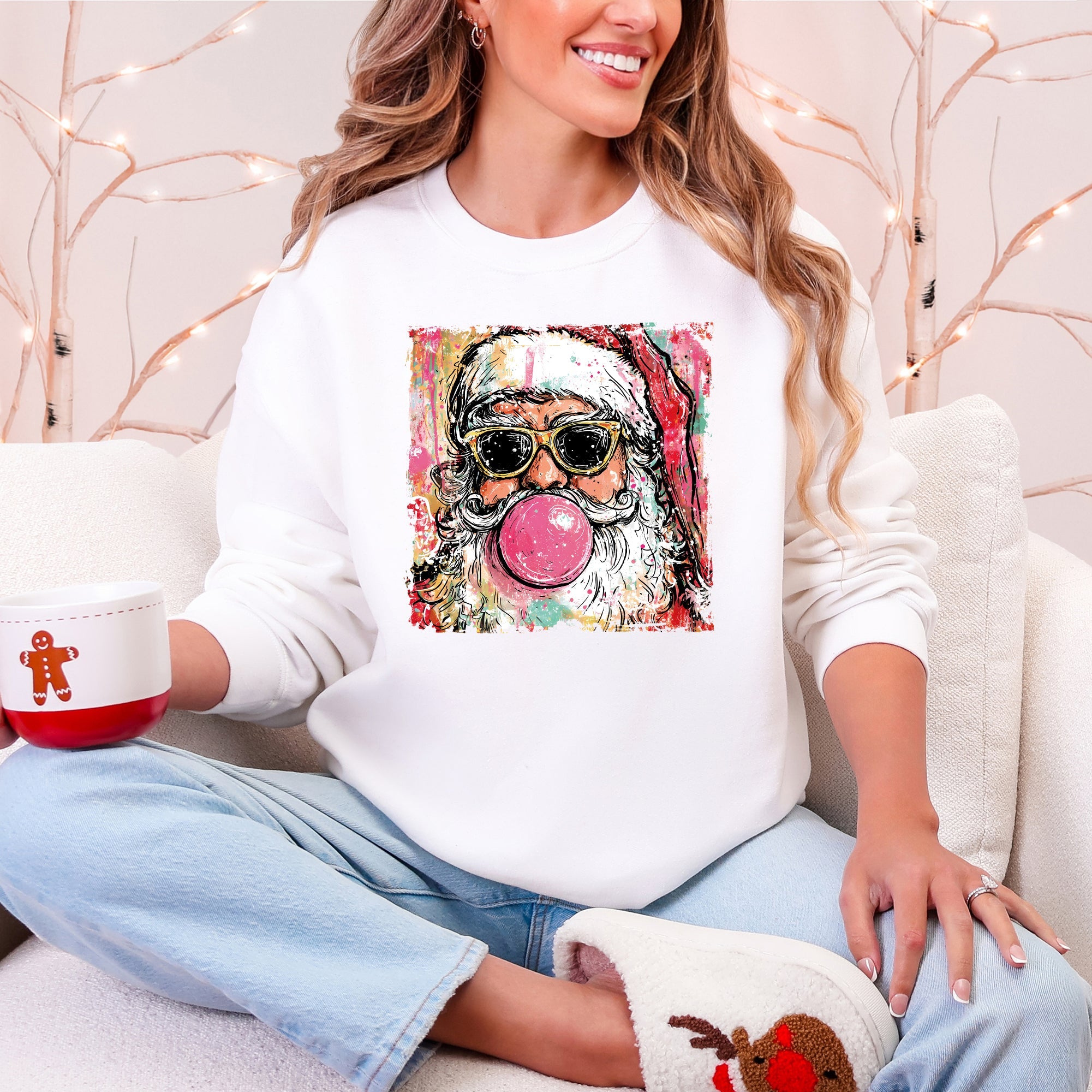 Vintage Santa Sketched Christmas Bubble Gum Illustration Retro Cozy Festive Seasonal Sweatshirt