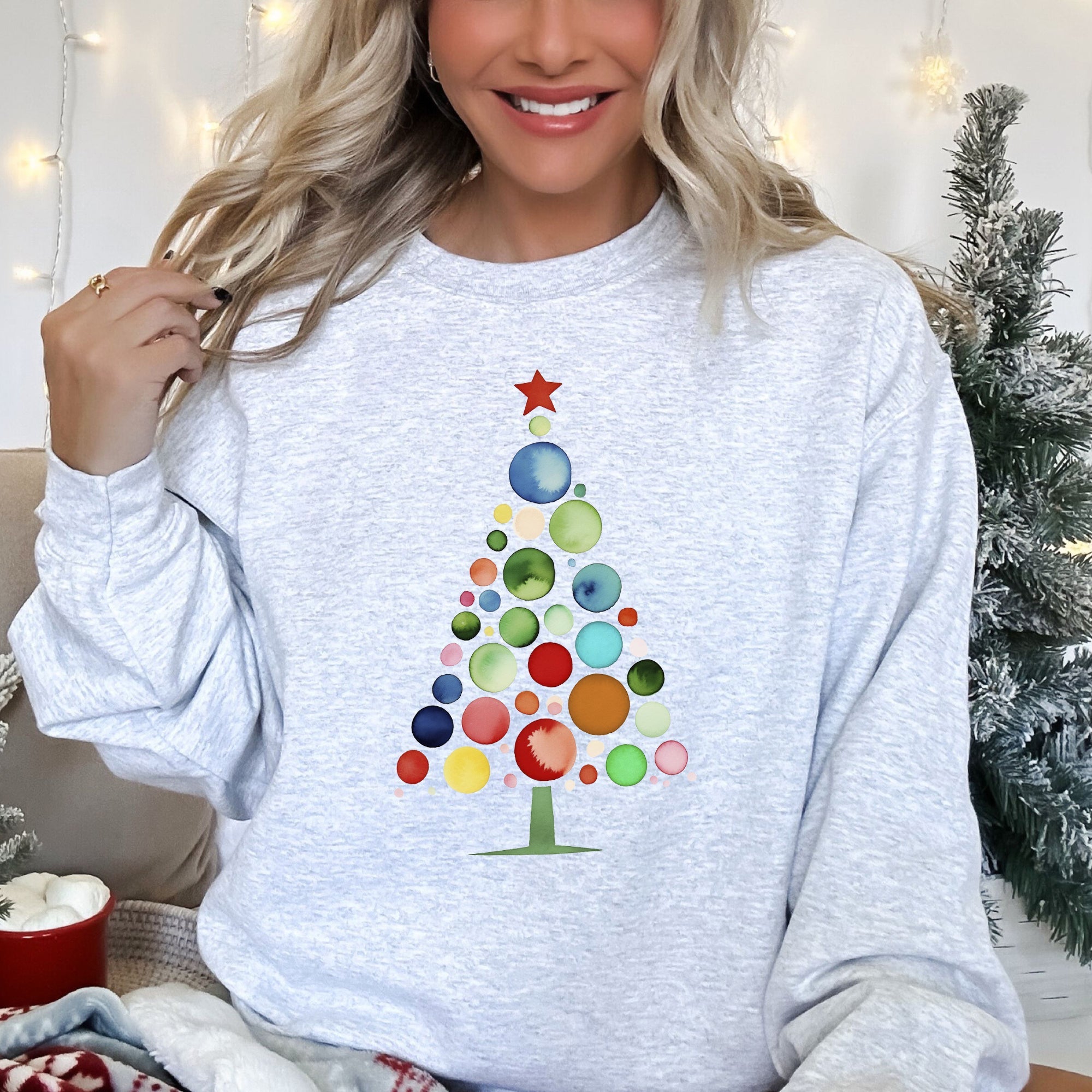 Watercolor Decorations Christmas Tree Retro Vintage Holiday Theme Cozy Sweatshirt