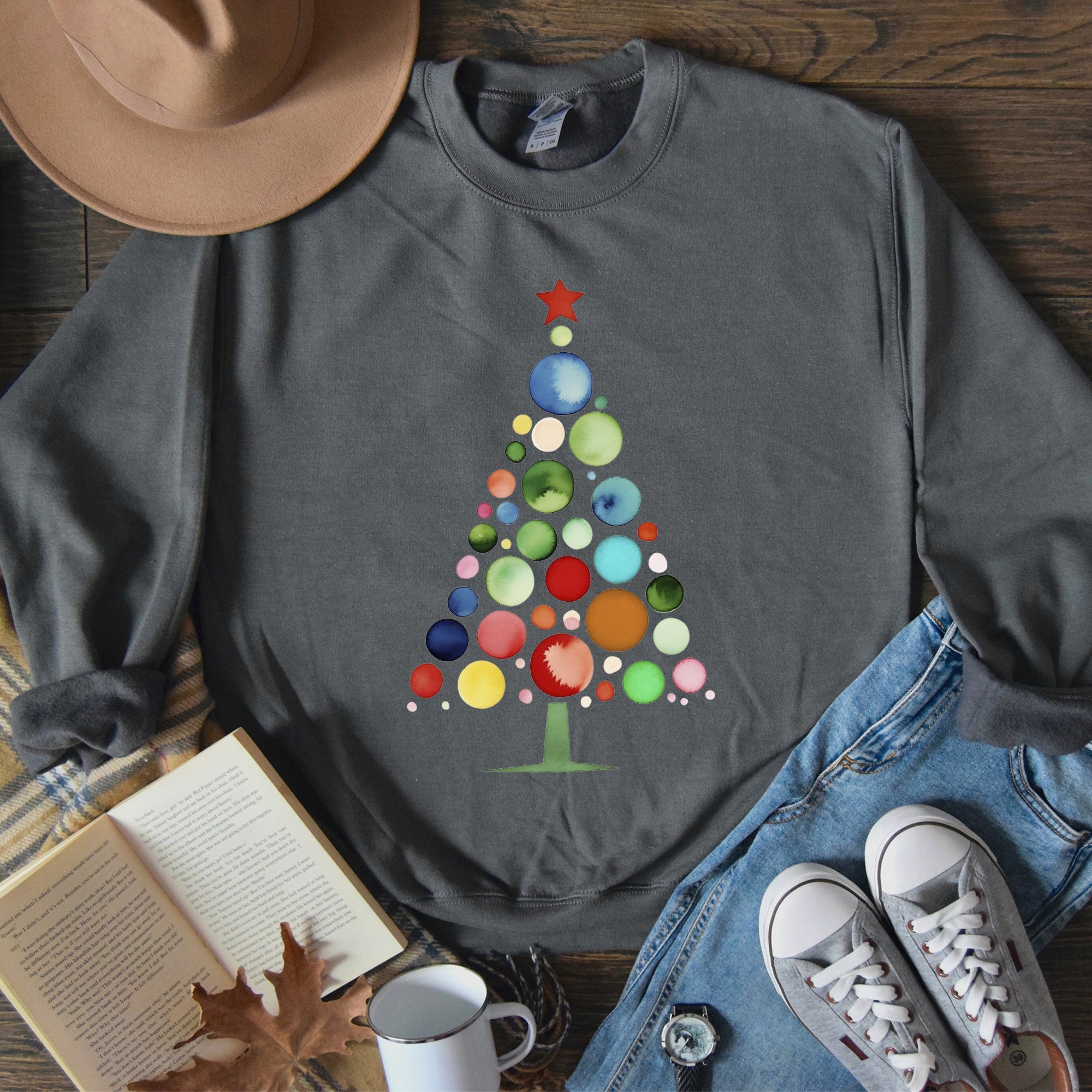 Watercolor Decorations Christmas Tree Retro Vintage Holiday Theme Cozy Sweatshirt