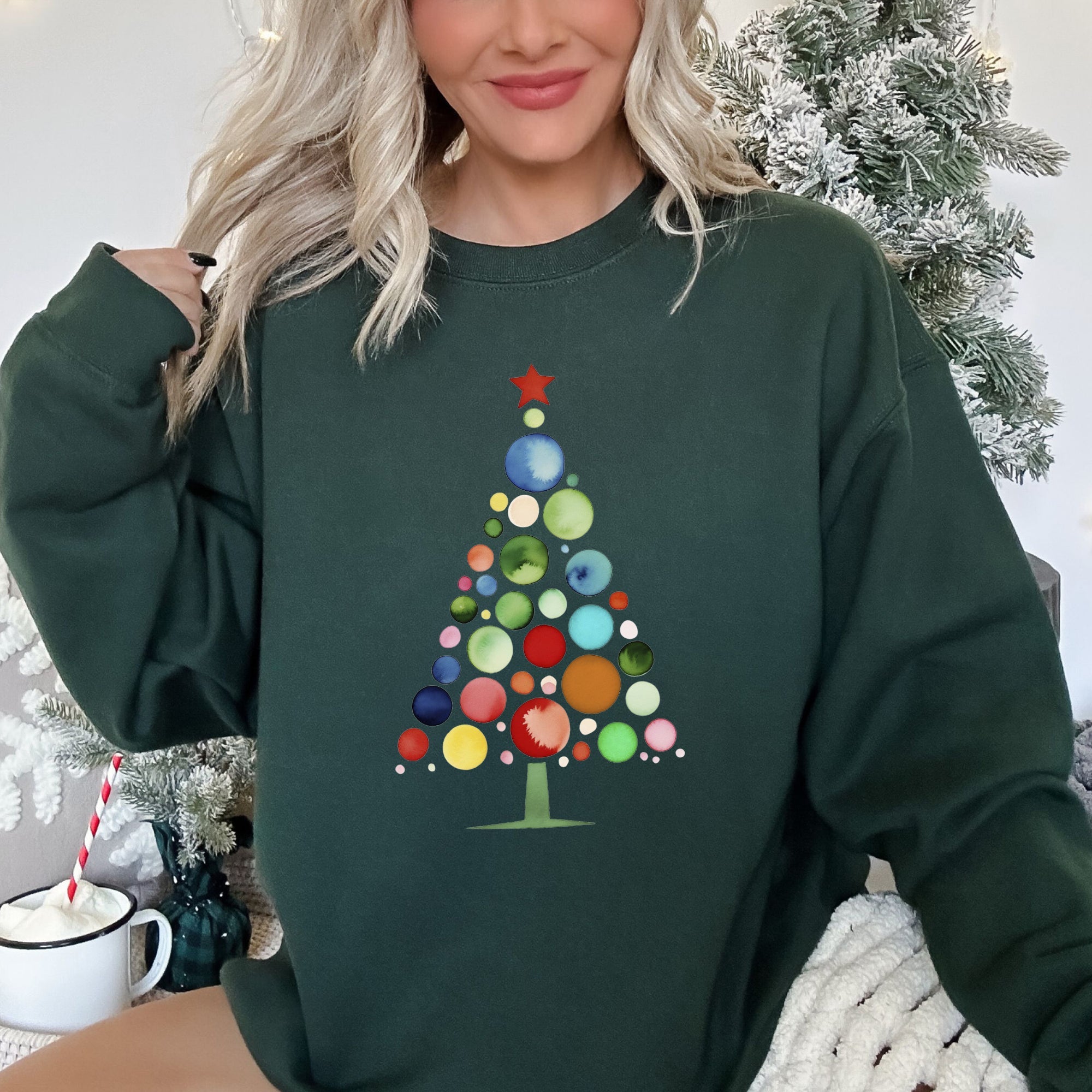 Watercolor Decorations Christmas Tree Retro Vintage Holiday Theme Cozy Sweatshirt