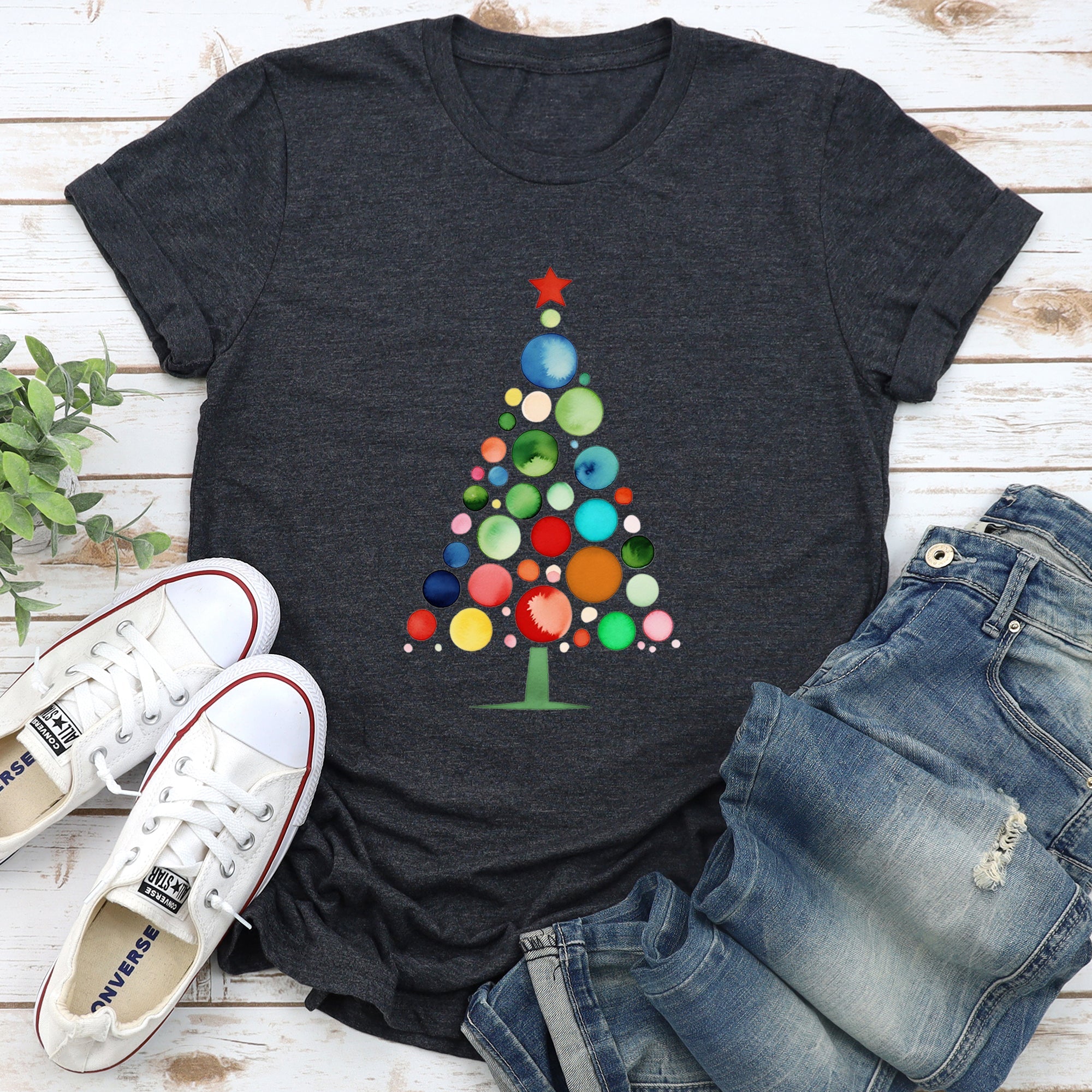 Watercolor Decorations Christmas Tree Retro Vintage Holiday Hand Drawn Graphic Tee