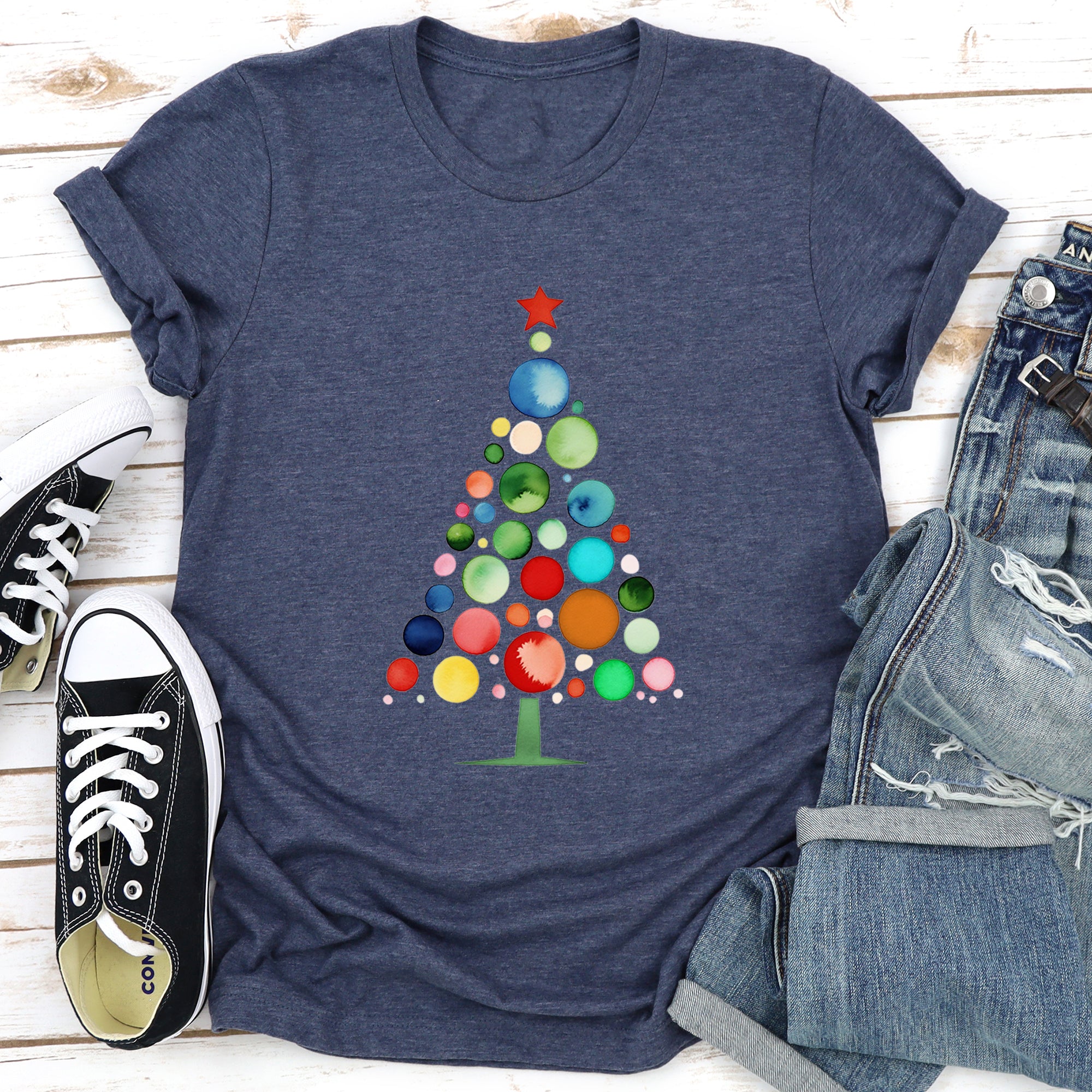 Watercolor Decorations Christmas Tree Retro Vintage Holiday Hand Drawn Graphic Tee