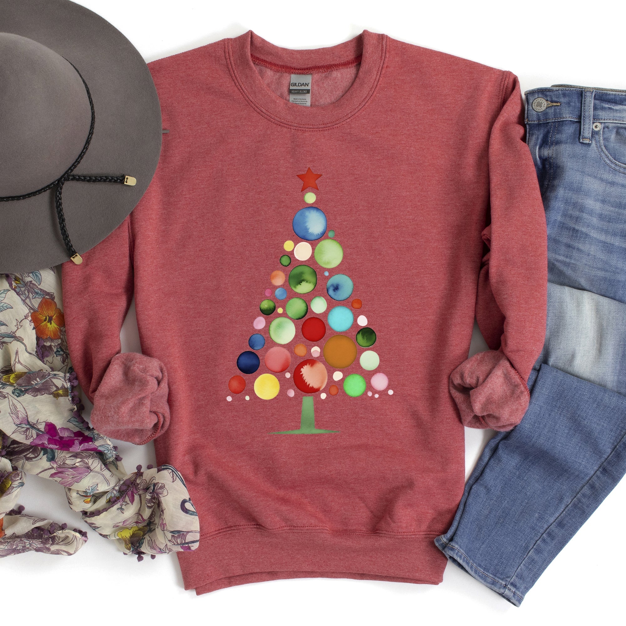 Watercolor Decorations Christmas Tree Retro Vintage Holiday Theme Cozy Sweatshirt