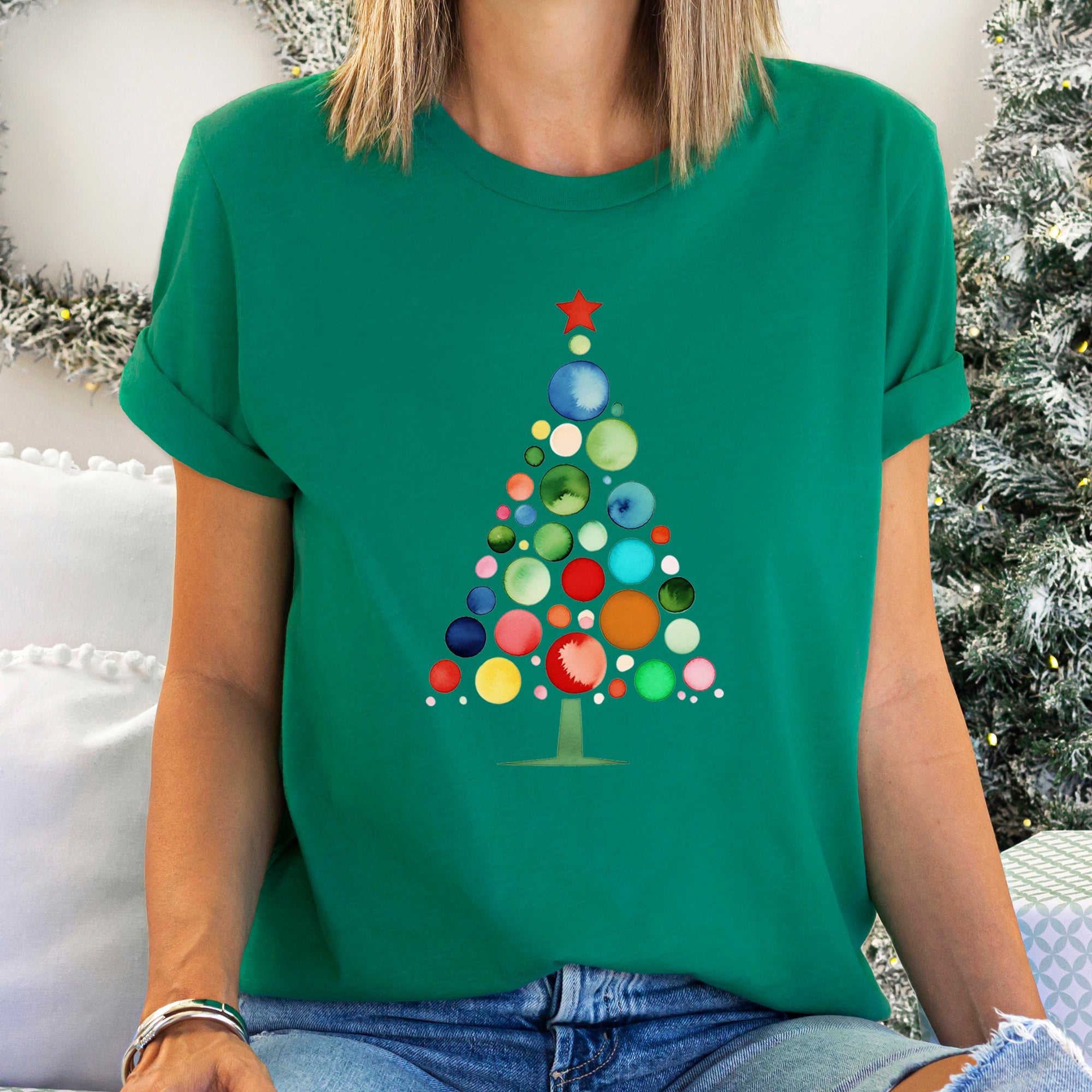Watercolor Decorations Christmas Tree Retro Vintage Holiday Hand Drawn Graphic Tee