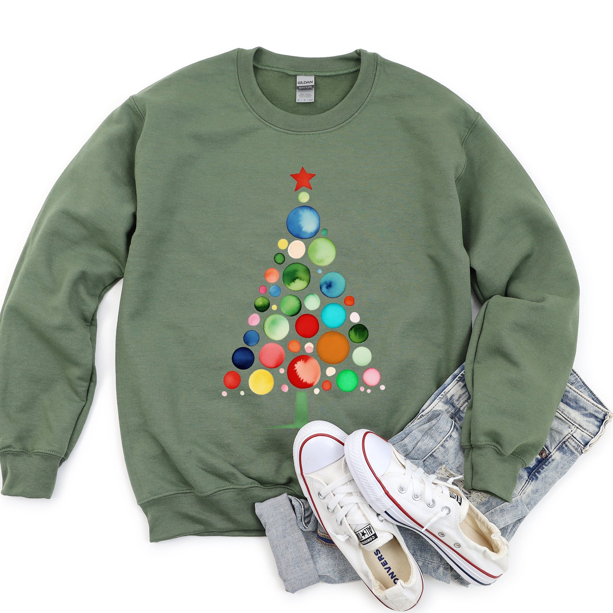 Watercolor Decorations Christmas Tree Retro Vintage Holiday Theme Cozy Sweatshirt