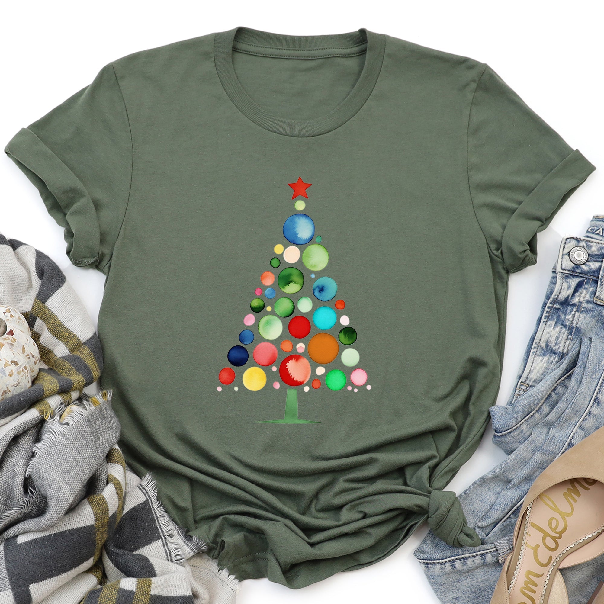 Watercolor Decorations Christmas Tree Retro Vintage Holiday Hand Drawn Graphic Tee