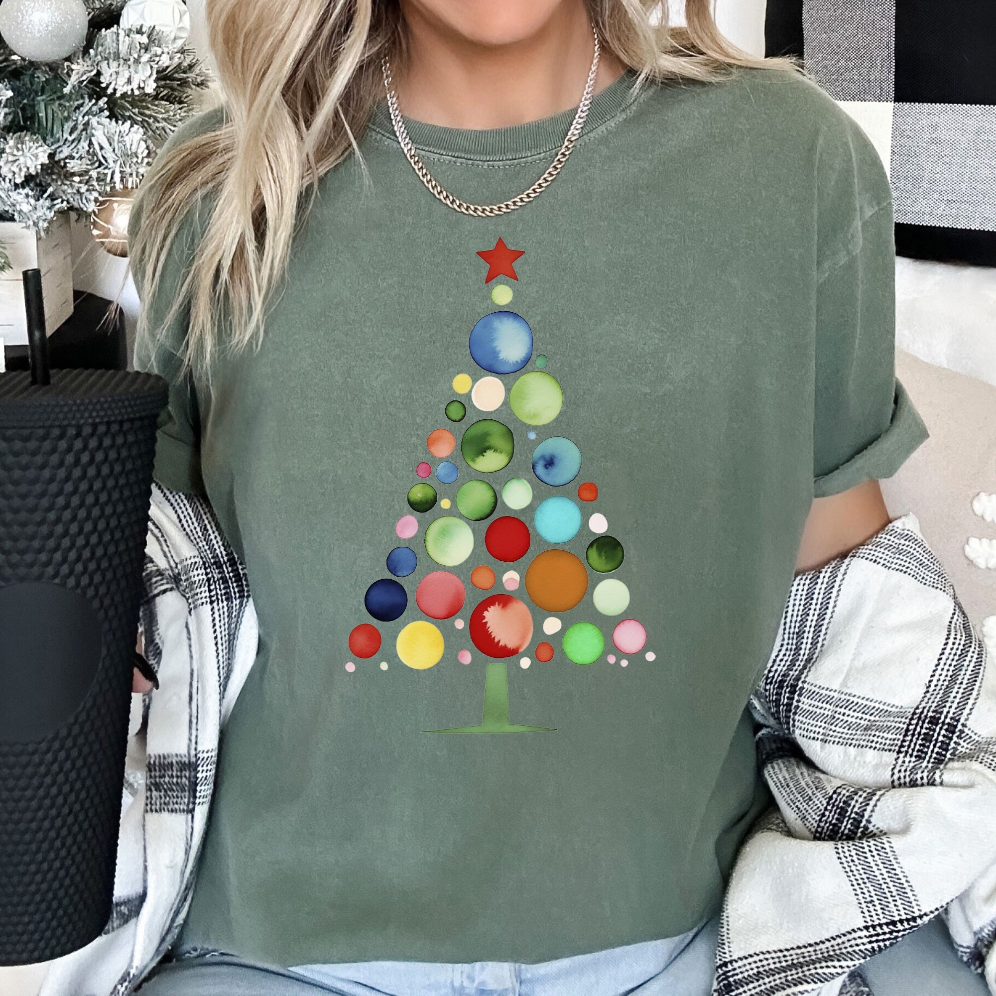 Watercolor Decorations Christmas Tree Retro Vintage Holiday Edition Comfort Colors Tee